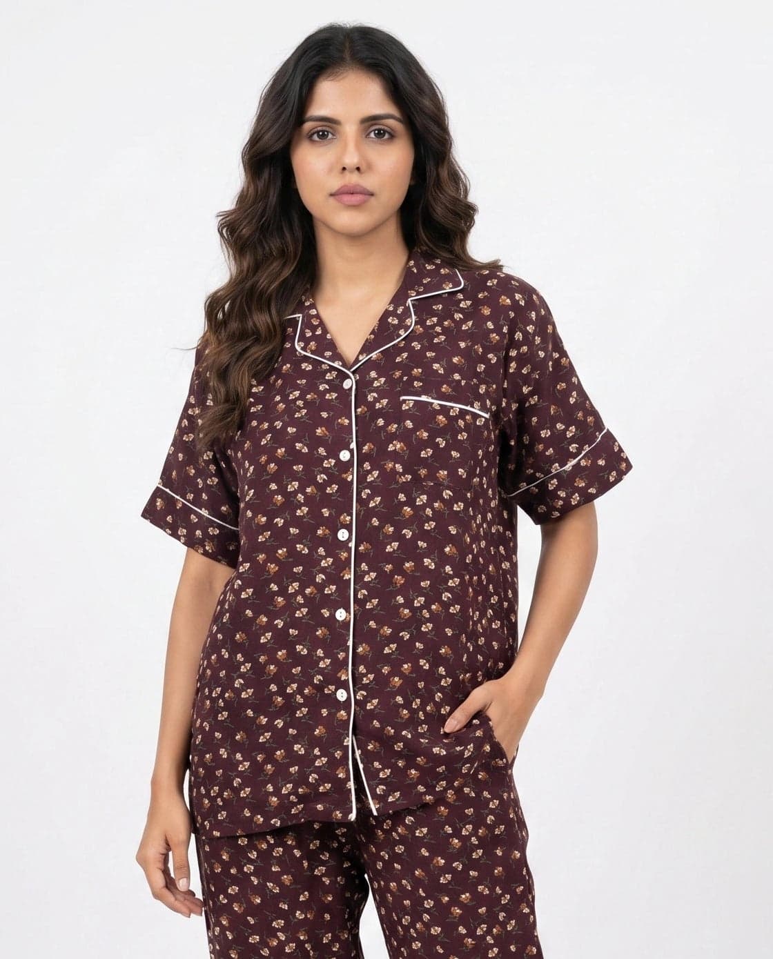 Brown Floral Half Sleeve Linen PJ Set for Women - view 2