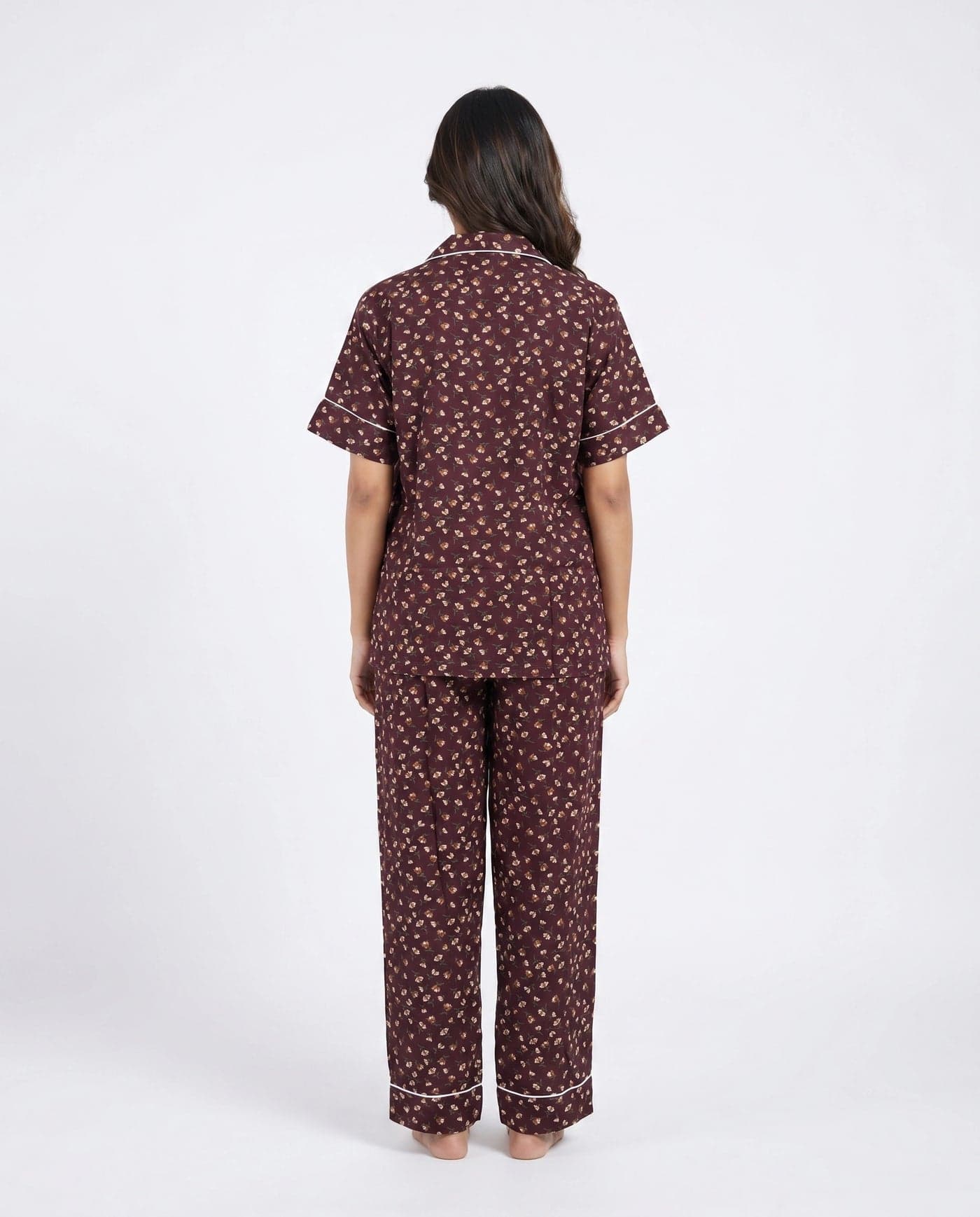 Brown Floral Half Sleeve Linen PJ Set for Women - view 3