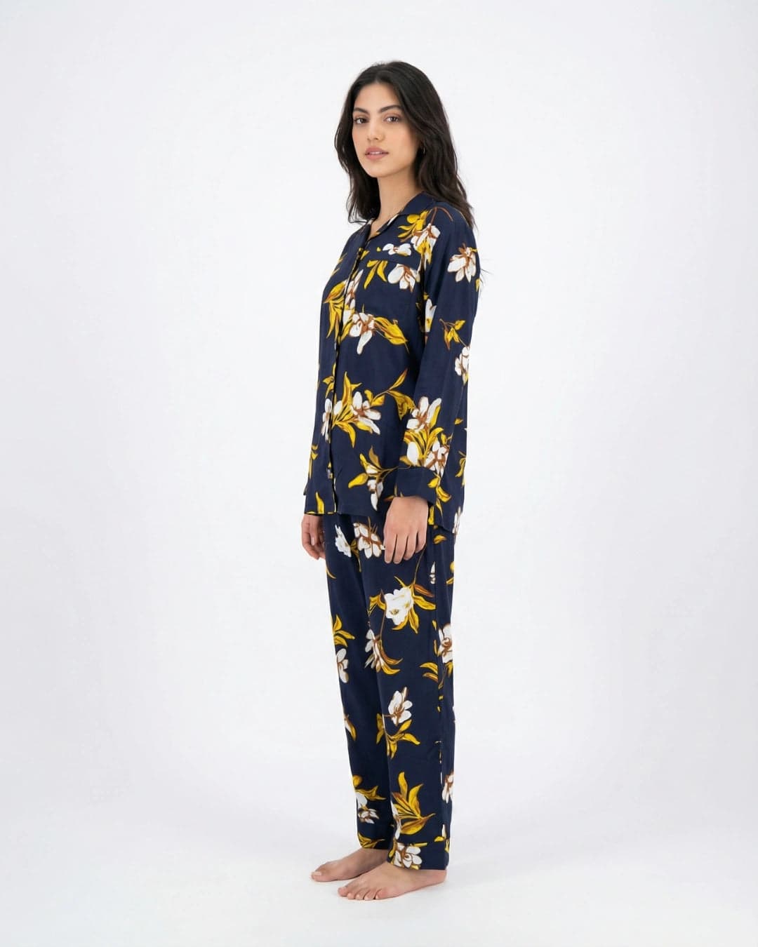Navy Blue and Yellow Floral Full Sleeve Linen PJ Set for Women - view 2