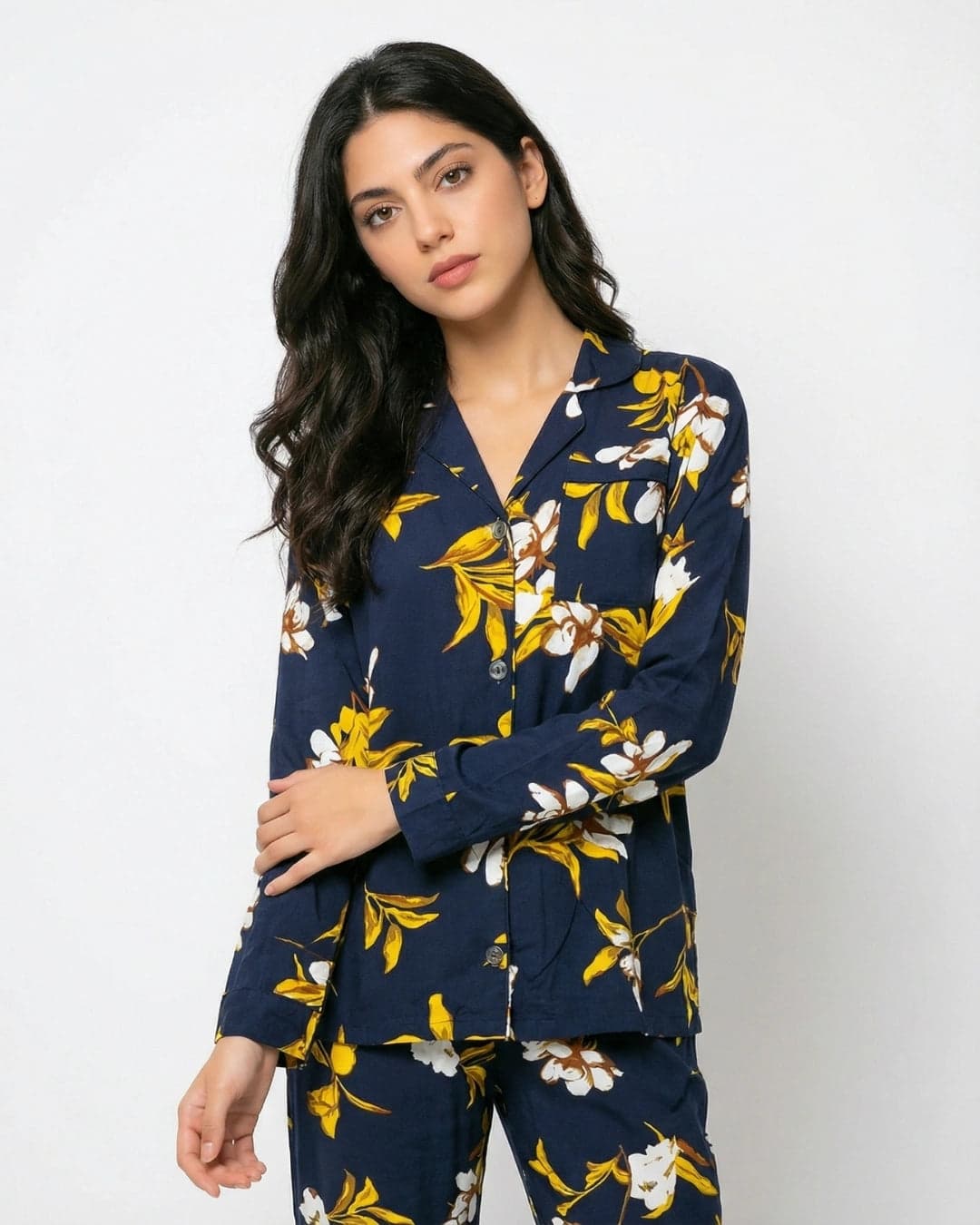 Navy Blue and Yellow Floral Full Sleeve Linen PJ Set for Women - view 3