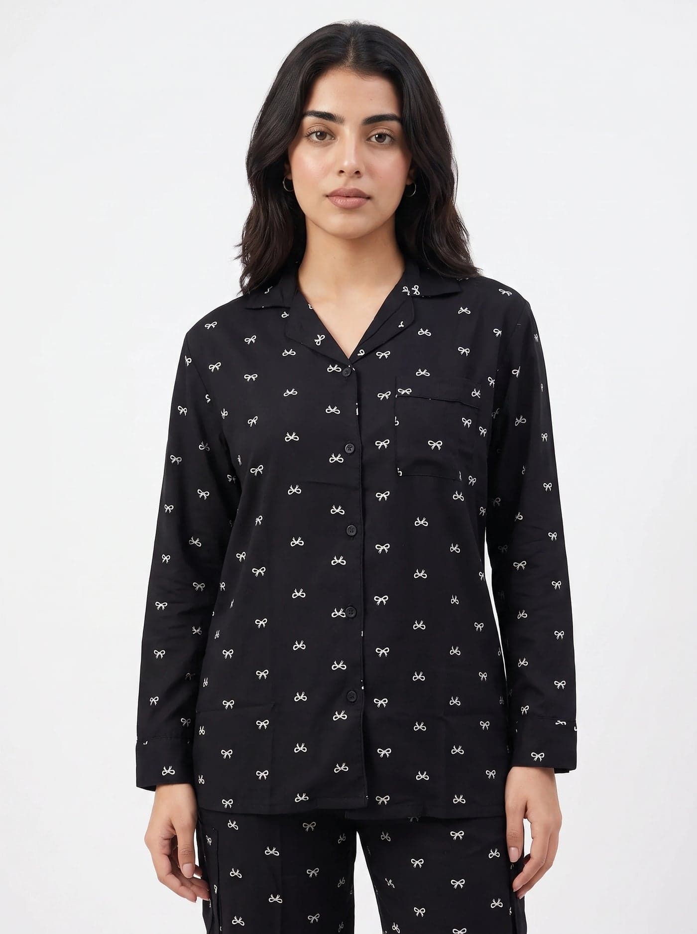 Black and White Bow Print Full Sleeve Linen PJ Set for Women - view 2