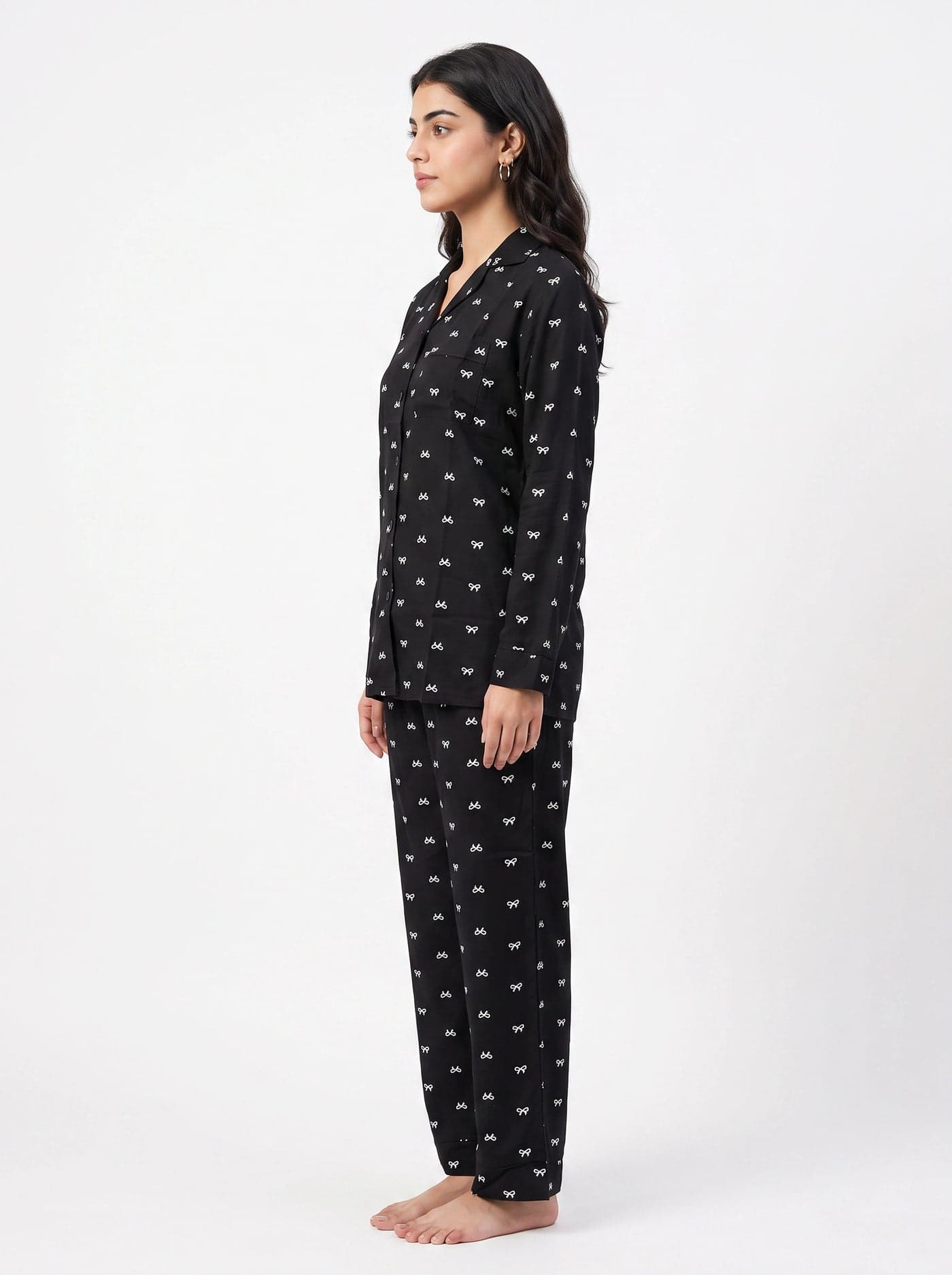 Black and White Bow Print Full Sleeve Linen PJ Set for Women - view 3