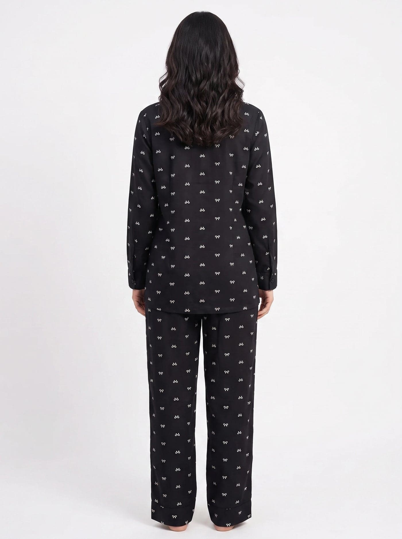 Black and White Bow Print Full Sleeve Linen PJ Set for Women - view 4