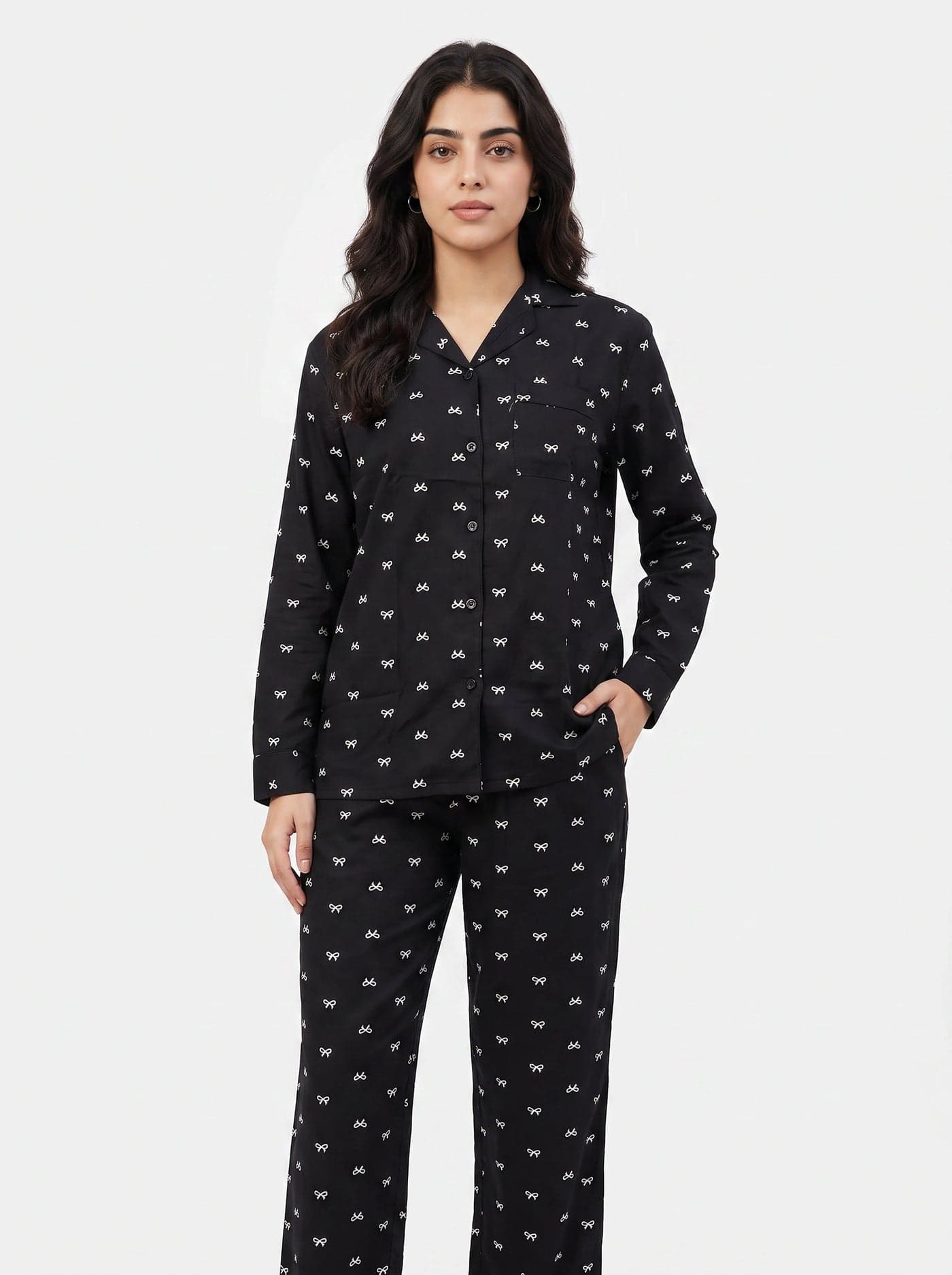 Black and White Bow Print Full Sleeve Linen PJ Set for Women - view 5