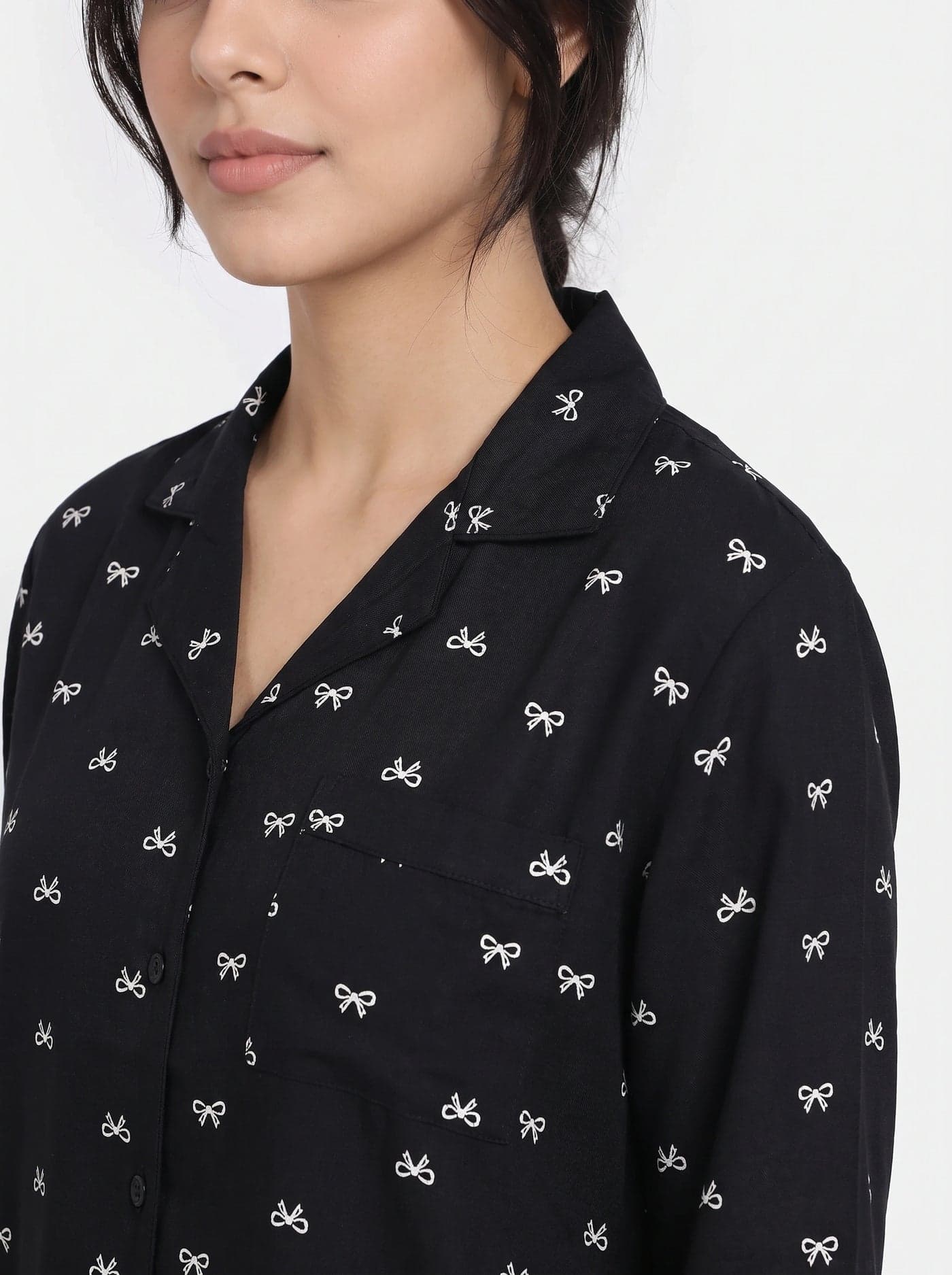 Black and White Bow Print Full Sleeve Linen PJ Set for Women - view 6