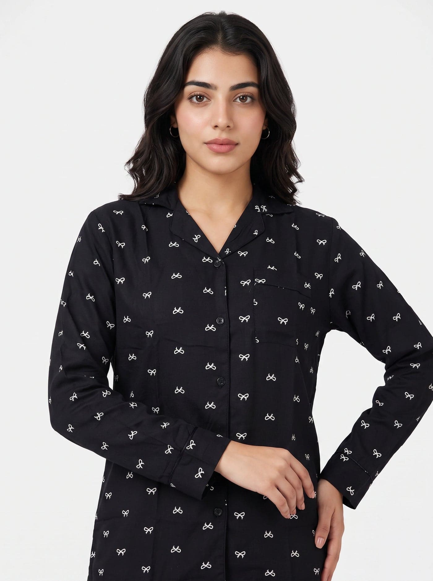 Black and White Bow Print Full Sleeve Linen PJ Set for Women - view 8