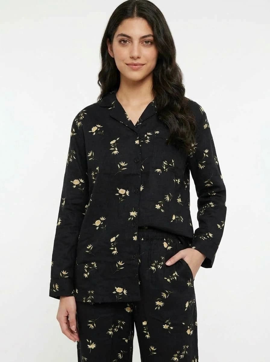 Black and Cream Floral Full Sleeve Linen PJ Set for Women - view 2
