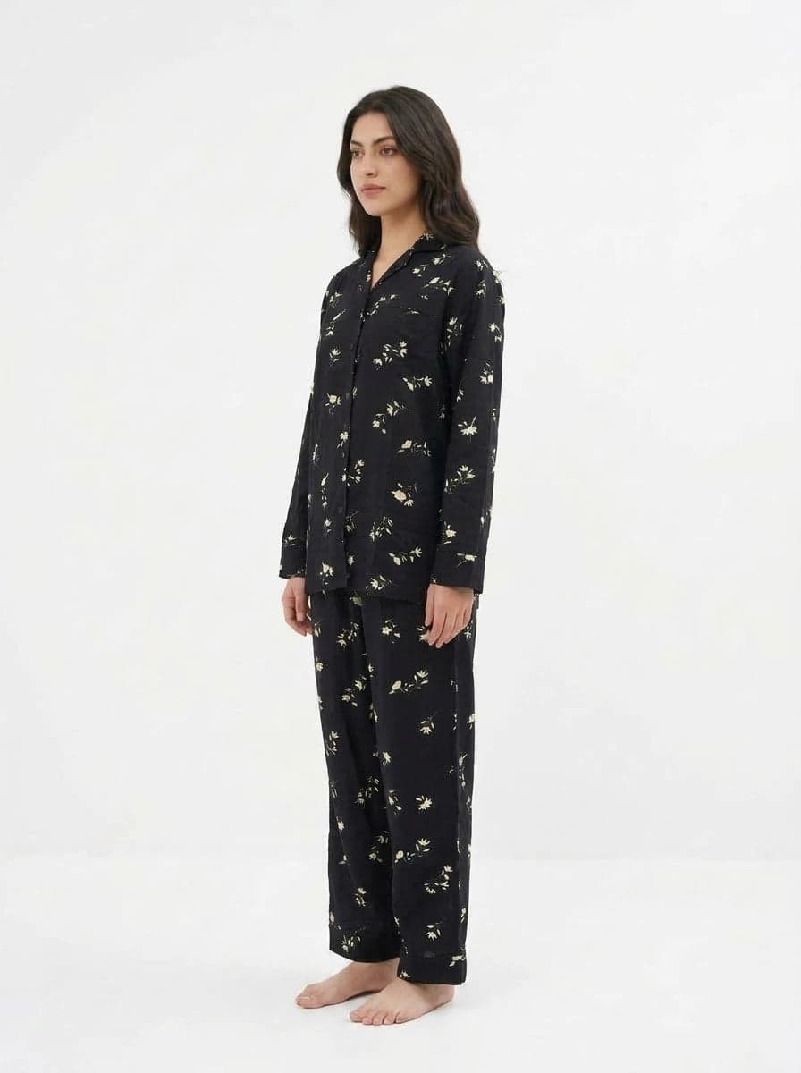 Black and Cream Floral Full Sleeve Linen PJ Set for Women - view 3