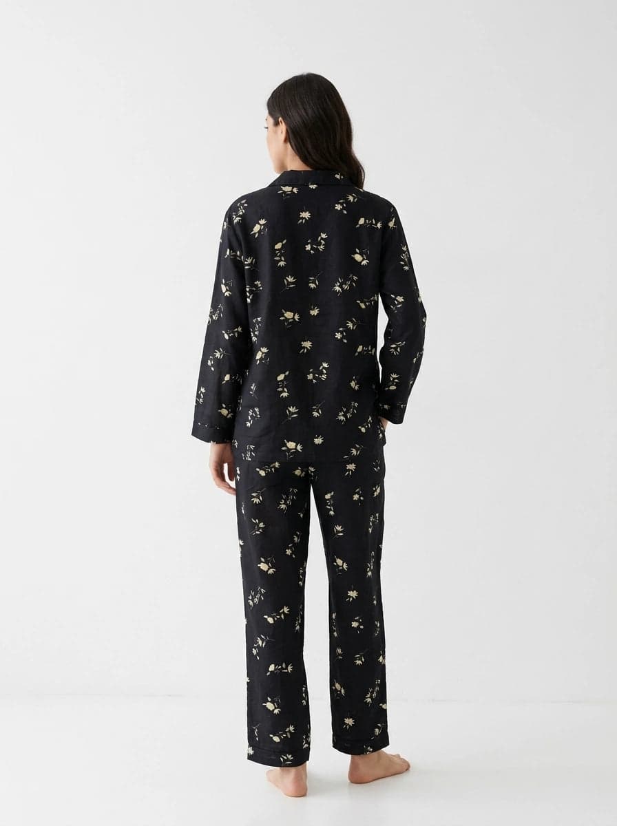 Black and Cream Floral Full Sleeve Linen PJ Set for Women - view 4