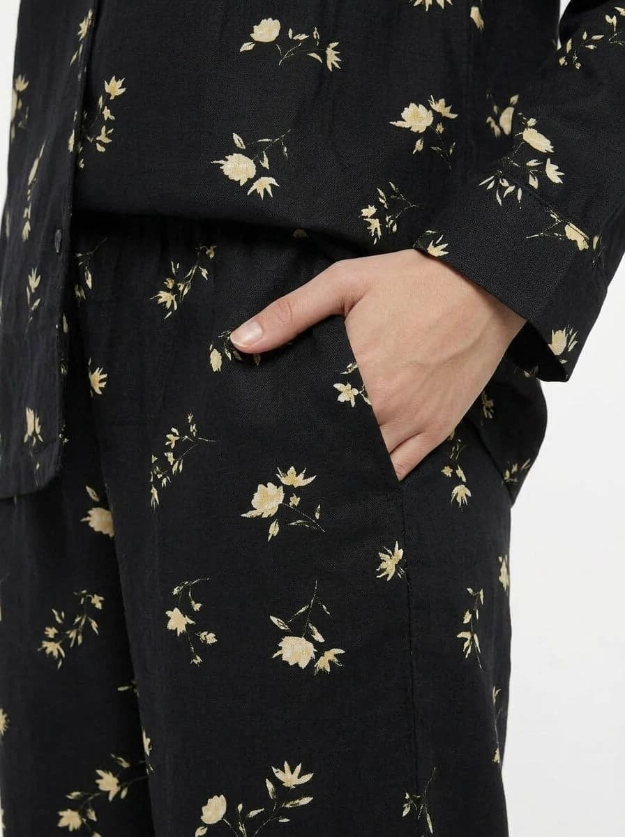 Black and Cream Floral Full Sleeve Linen PJ Set for Women - view 5