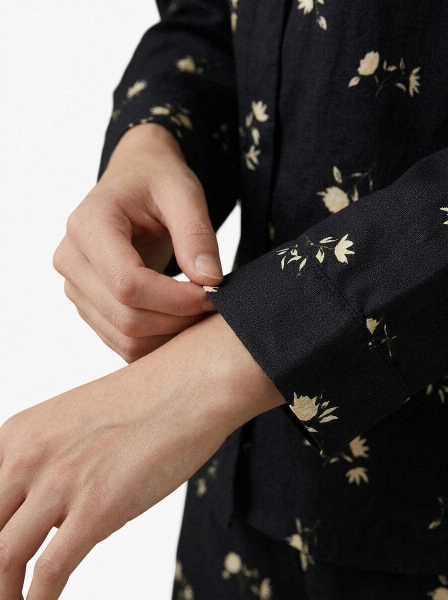 Black and Cream Floral Full Sleeve Linen PJ Set for Women - view 6