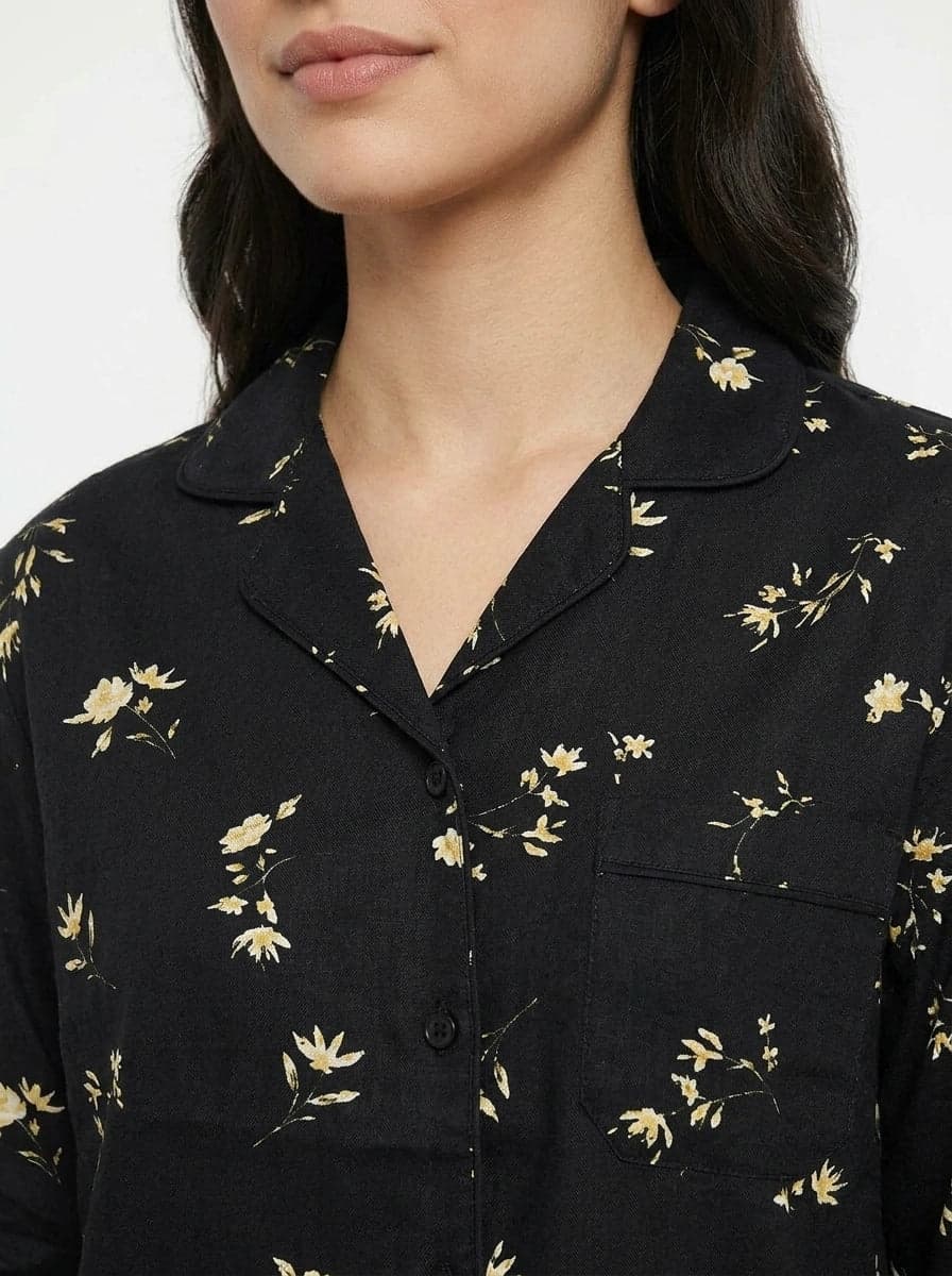 Black and Cream Floral Full Sleeve Linen PJ Set for Women - view 7