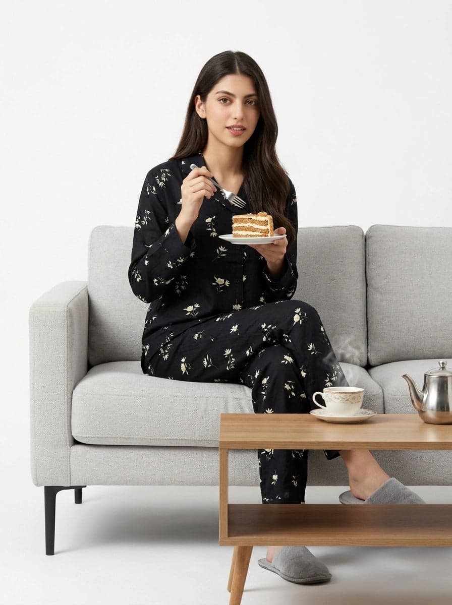 Black and Cream Floral Full Sleeve Linen PJ Set for Women - view 8