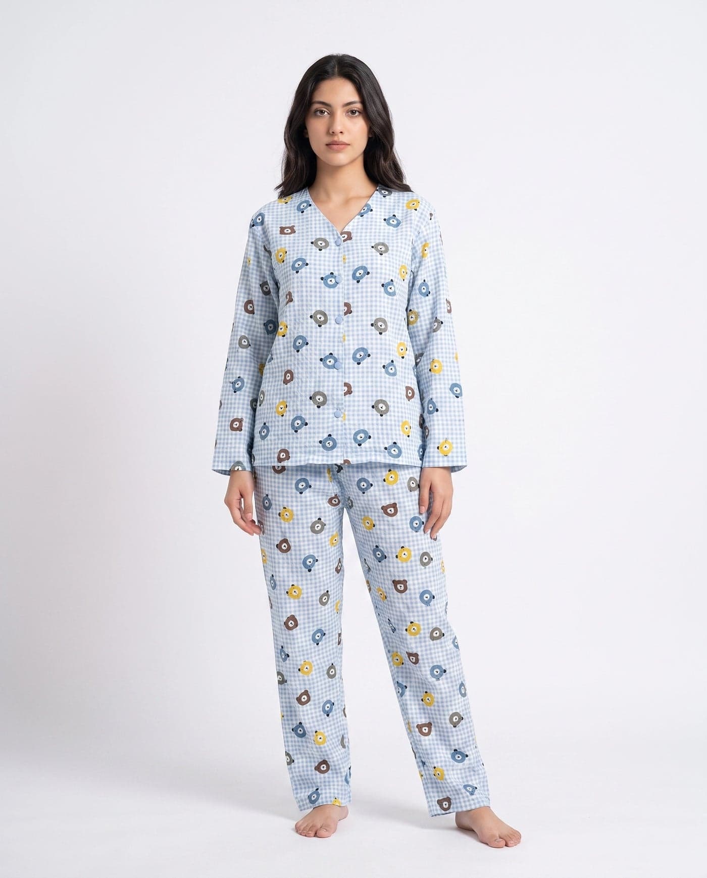 Sky Blue Teddy Bear Print Crinkled Cotton PJ Set for Women