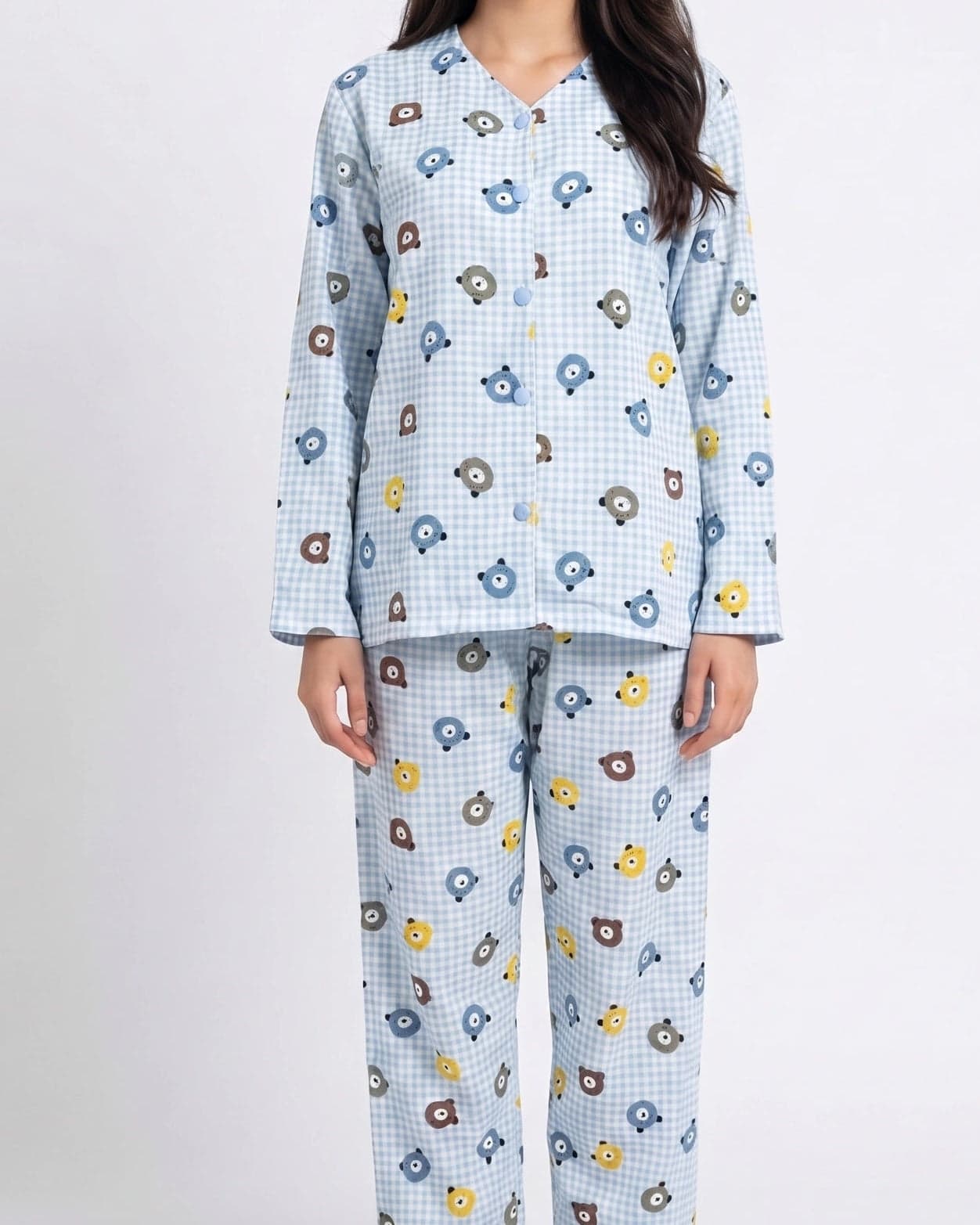 Sky Blue Teddy Bear Print Crinkled Cotton PJ Set for Women - view 2