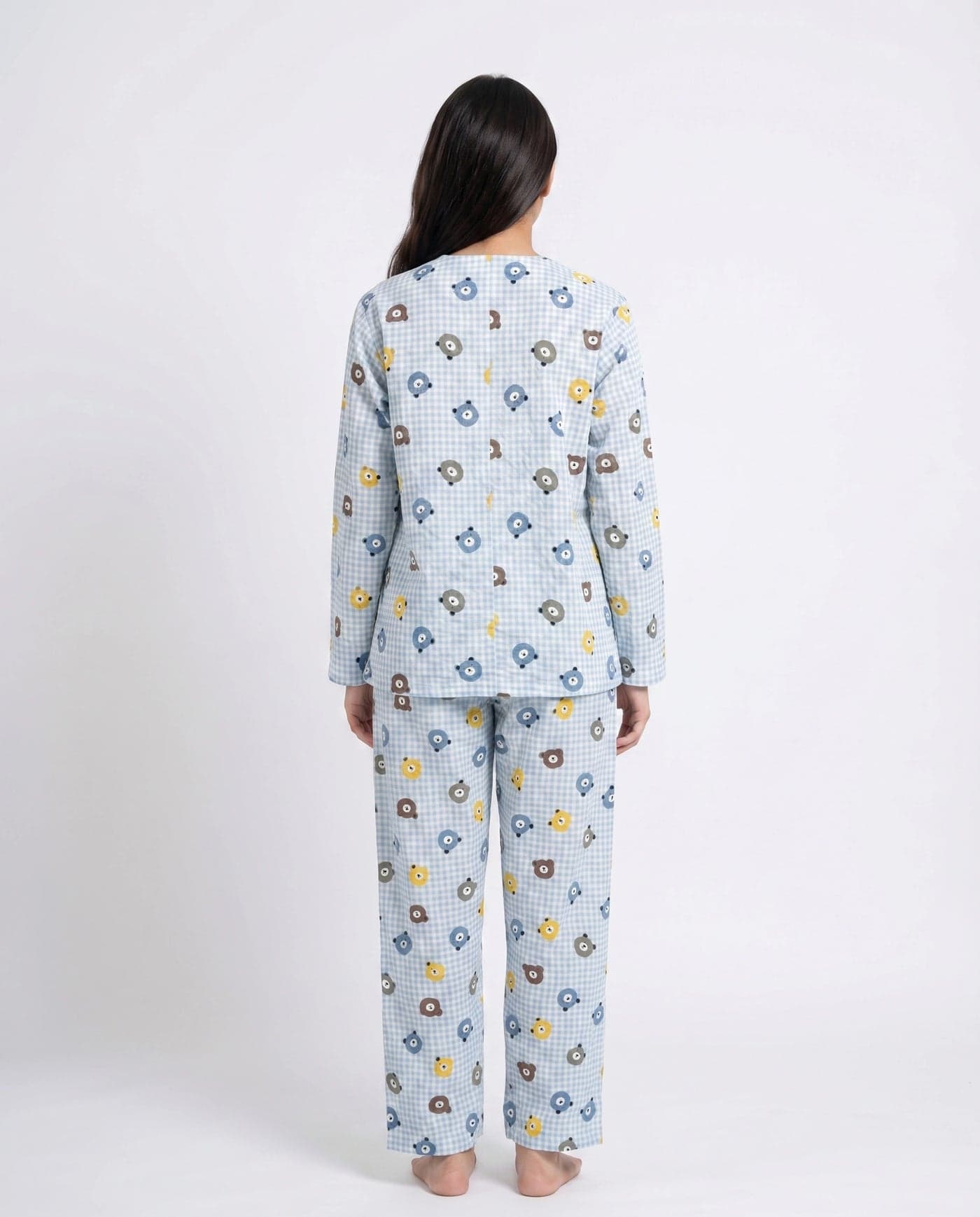 Sky Blue Teddy Bear Print Crinkled Cotton PJ Set for Women - view 4
