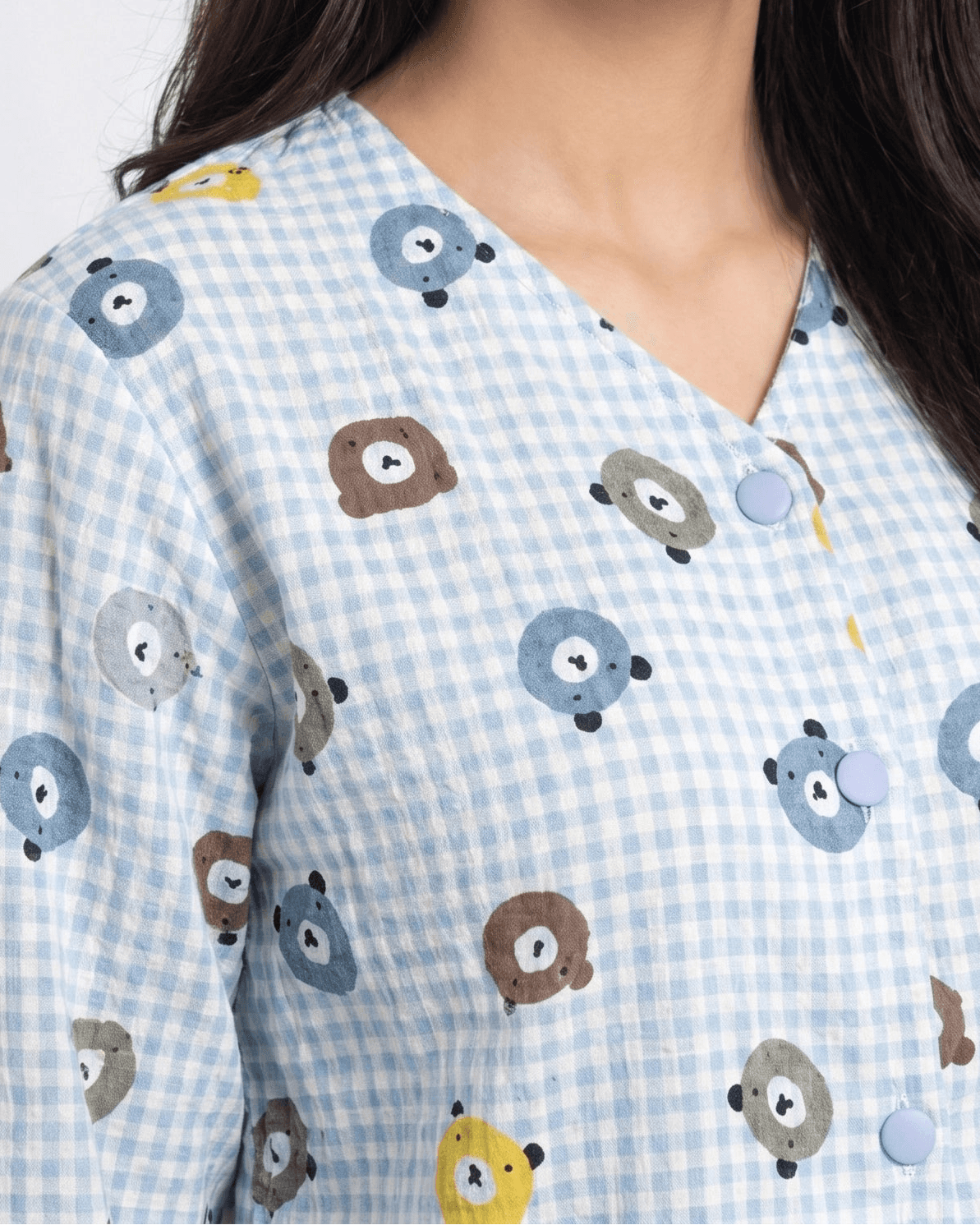 Sky Blue Teddy Bear Print Crinkled Cotton PJ Set for Women - view 5