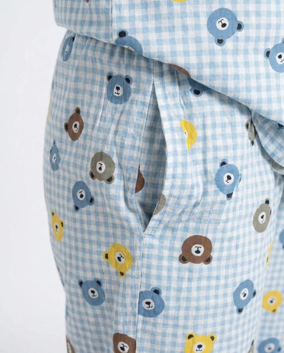 Sky Blue Teddy Bear Print Crinkled Cotton PJ Set for Women - view 7