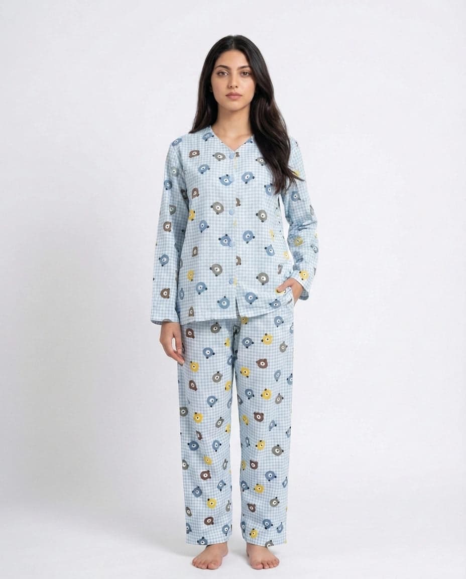 Sky Blue Teddy Bear Print Crinkled Cotton PJ Set for Women - view 8