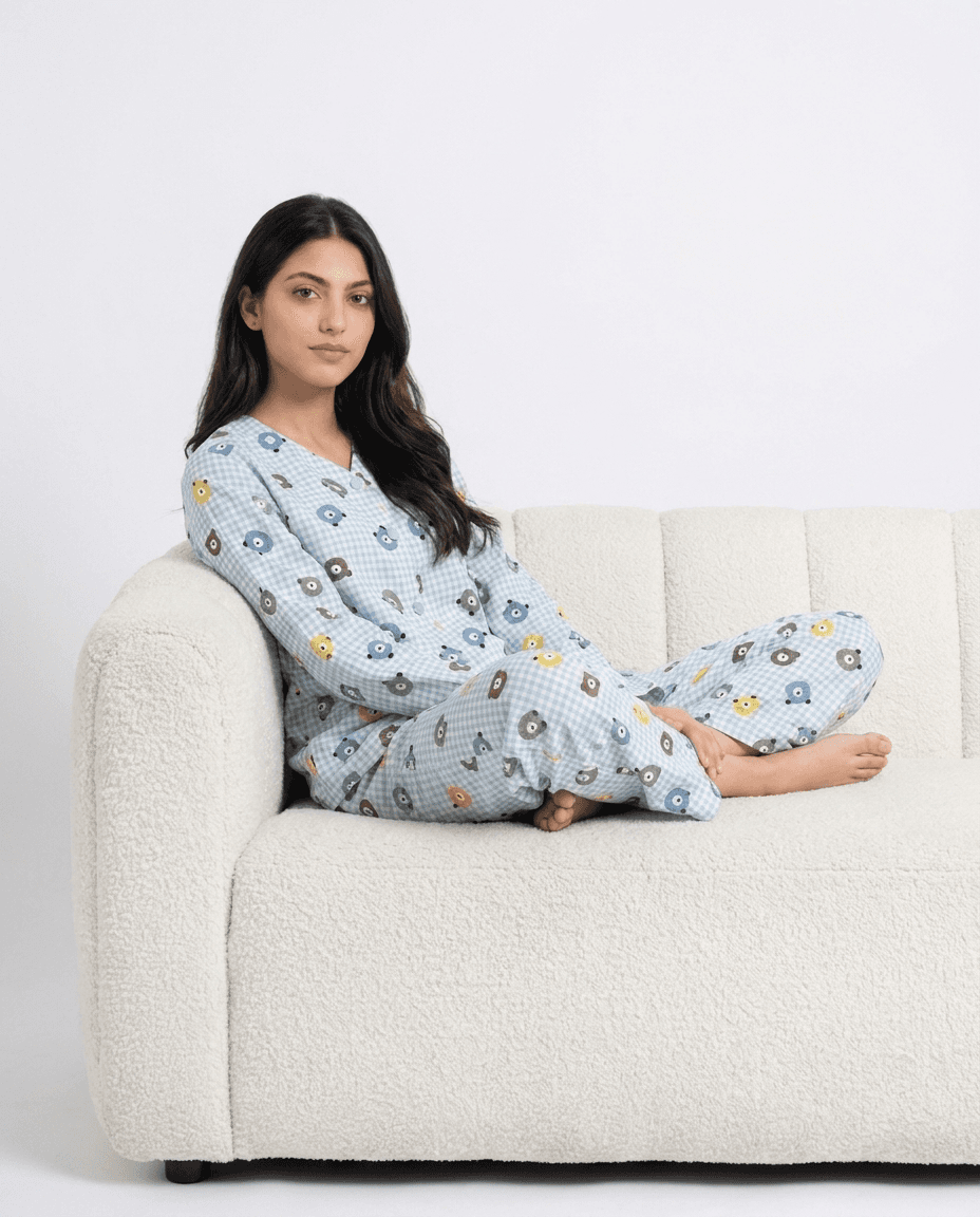Sky Blue Teddy Bear Print Crinkled Cotton PJ Set for Women - view 9