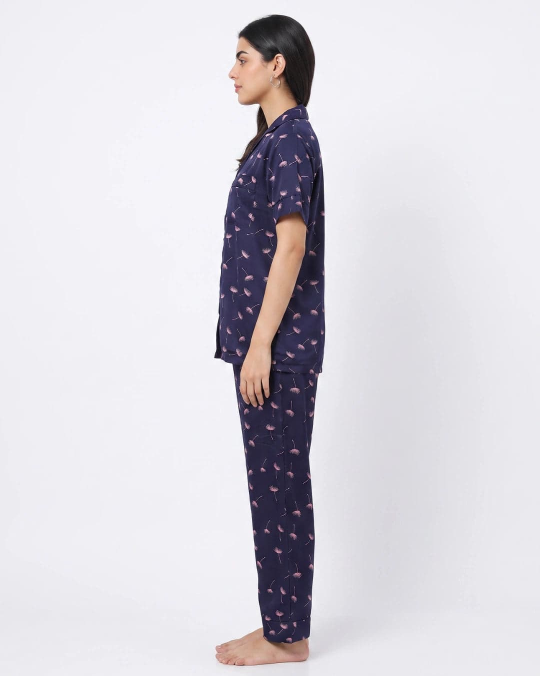 Navy Blue Dandelion Print Linen PJ Set for Women - view 2