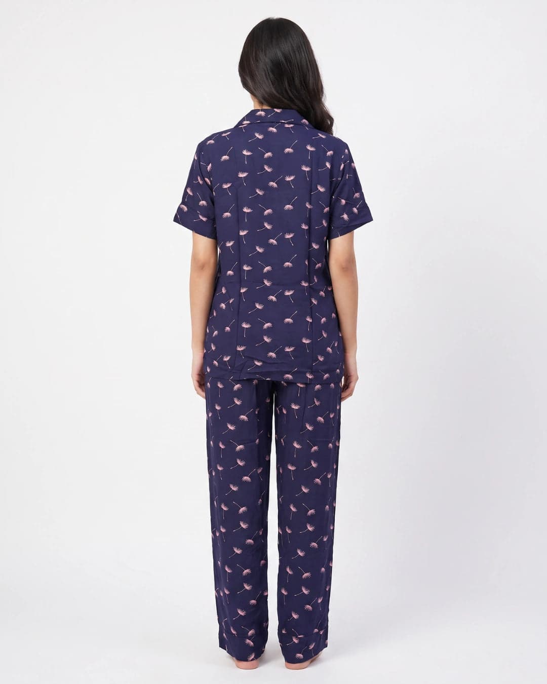 Navy Blue Dandelion Print Linen PJ Set for Women - view 3