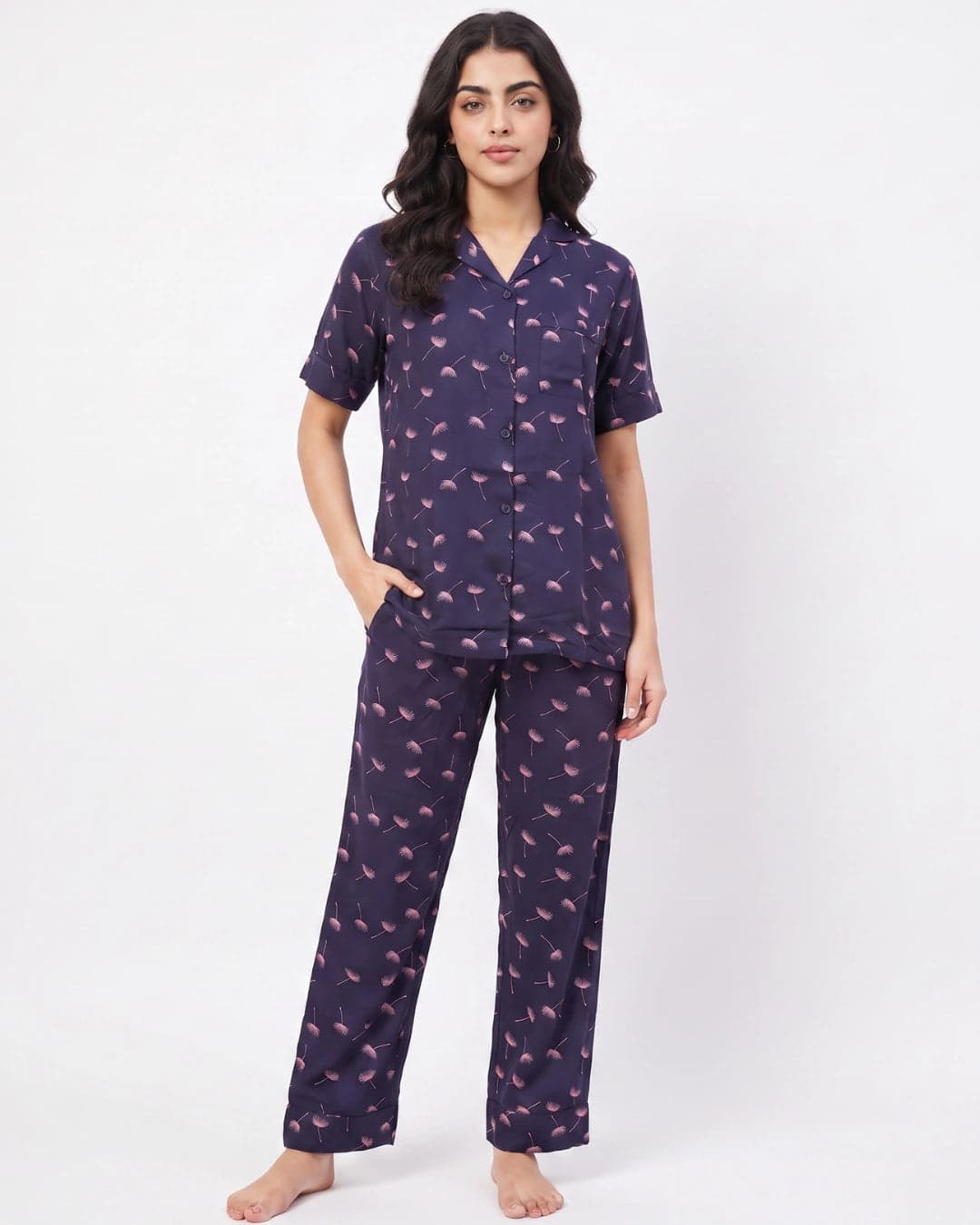 Navy Blue Dandelion Print Linen PJ Set for Women - view 4