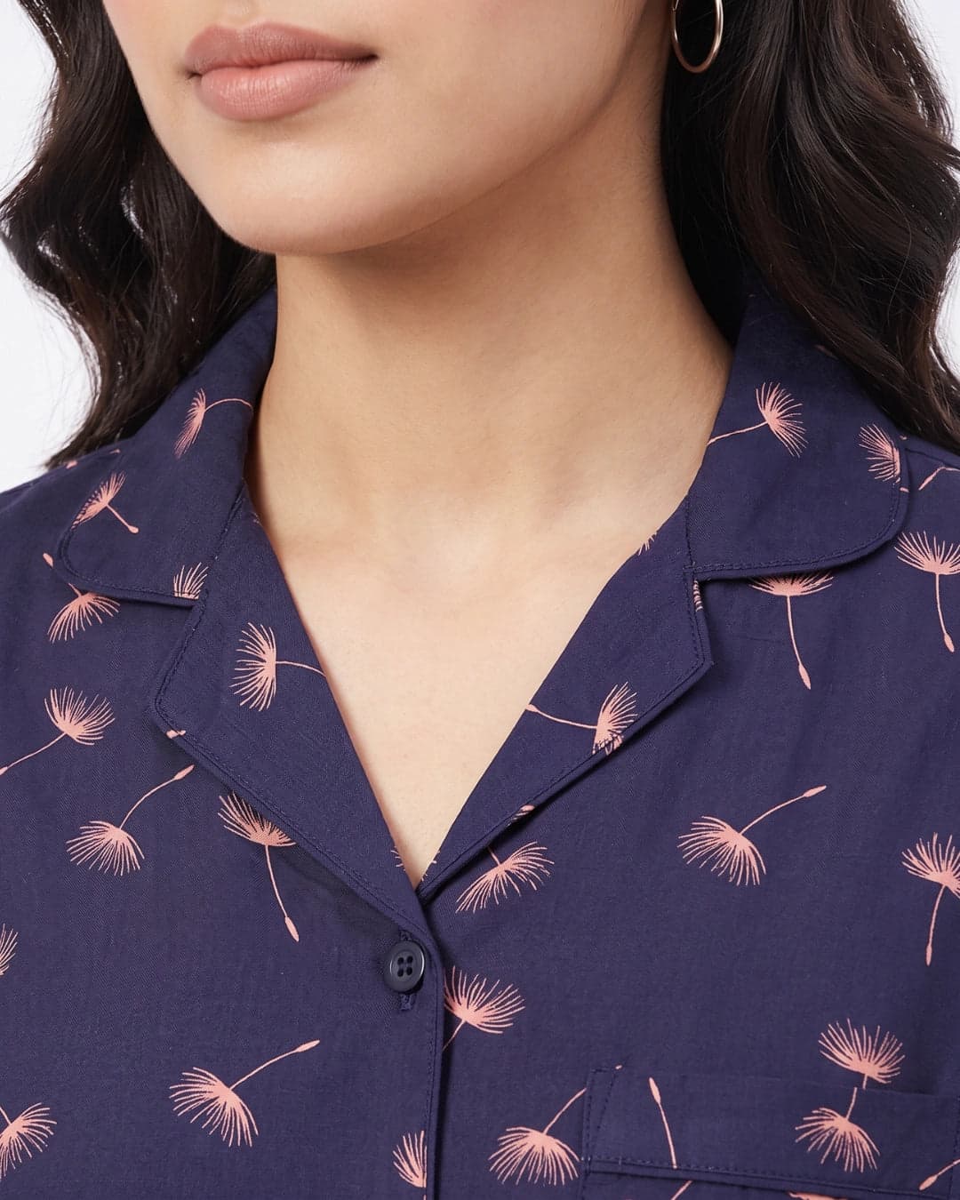Navy Blue Dandelion Print Linen PJ Set for Women - view 7
