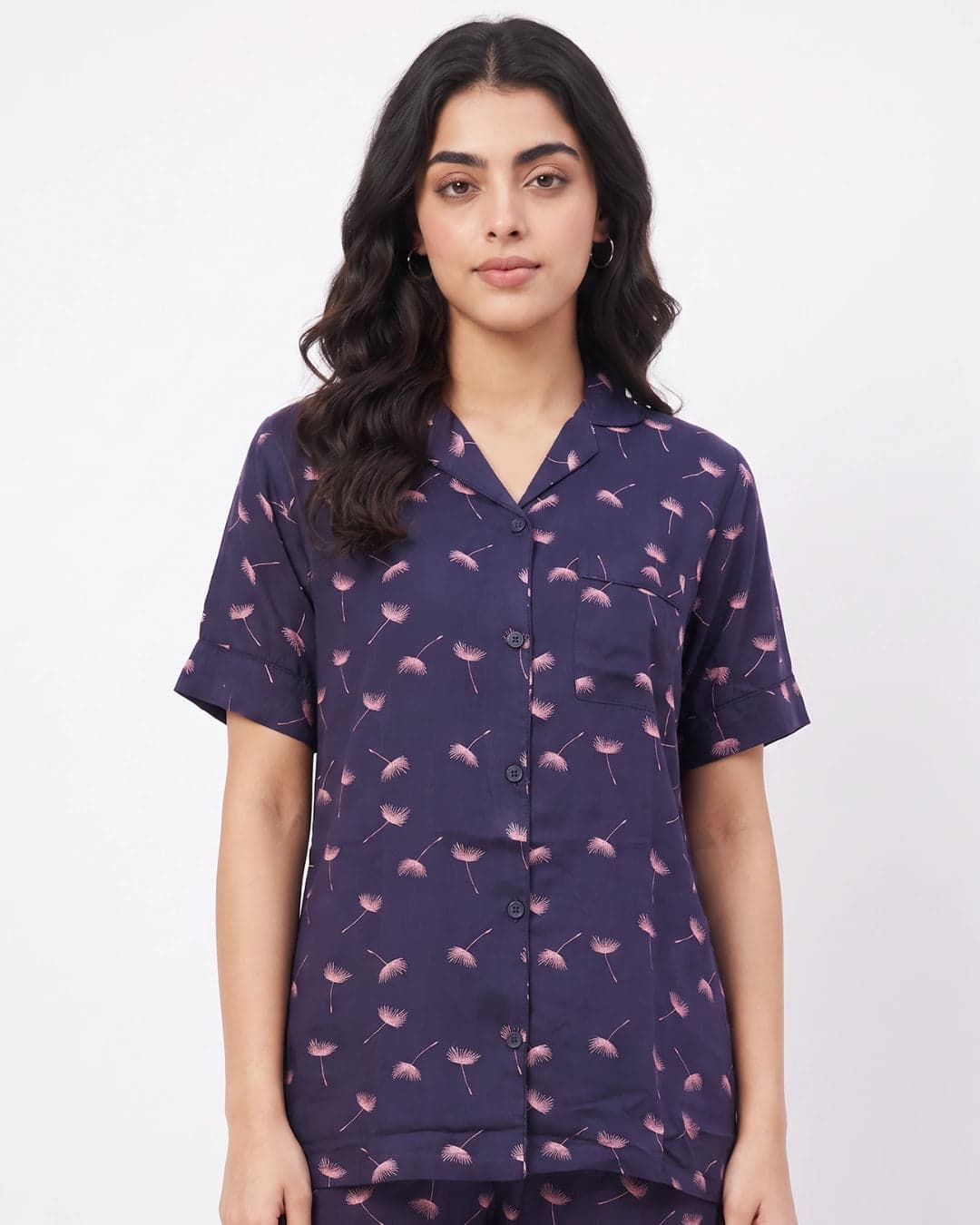 Navy Blue Dandelion Print Linen PJ Set for Women - view 8