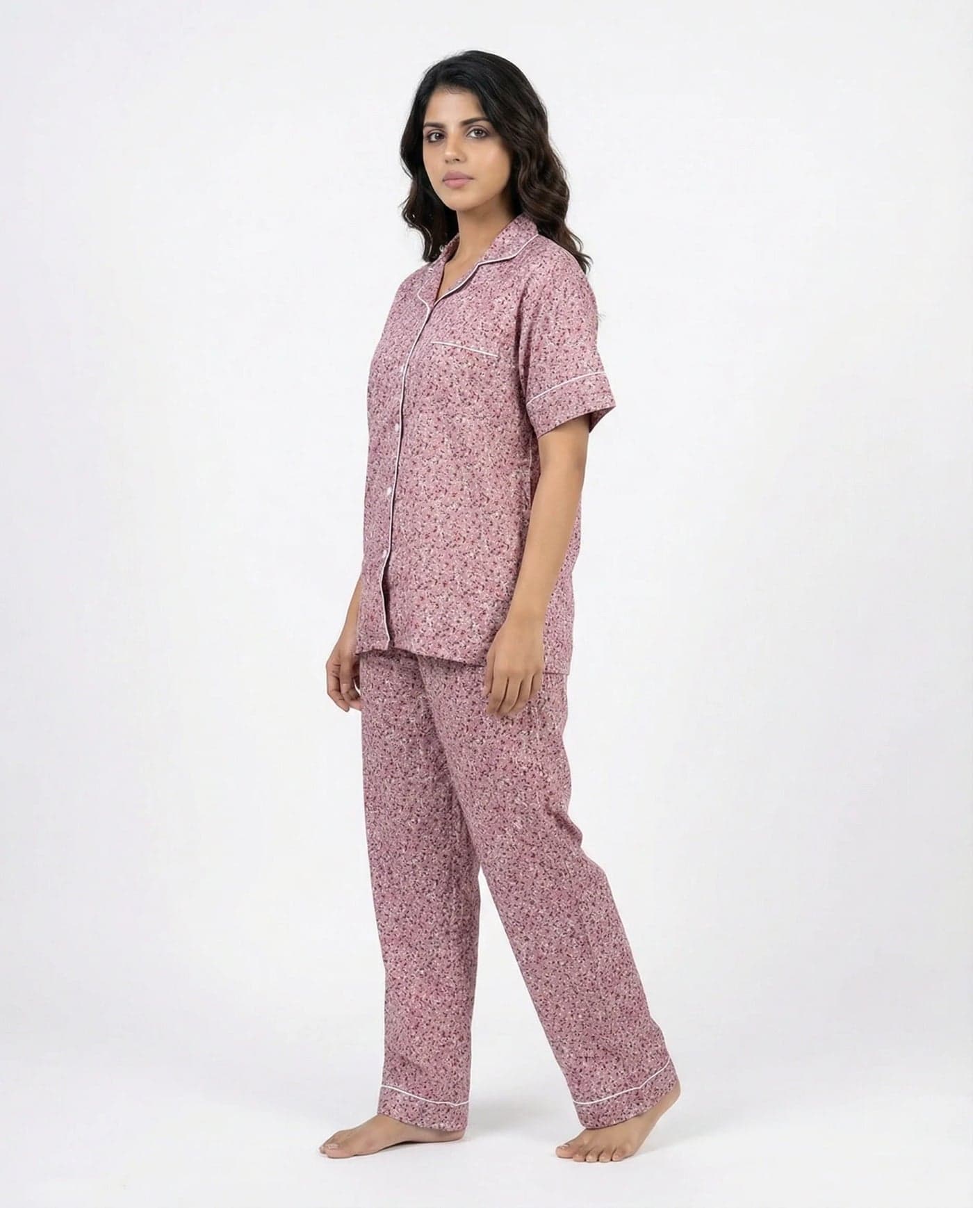 Pink and White Floral Linen PJ Set for Women - view 2