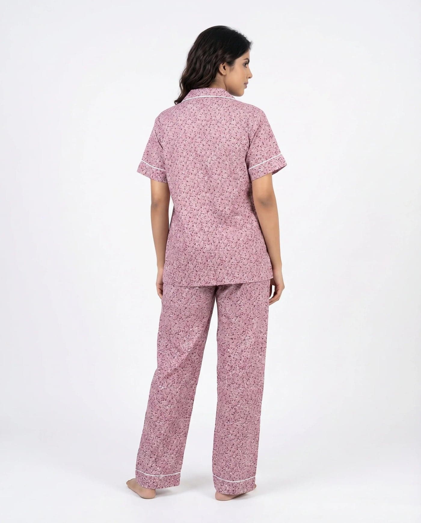 Pink and White Floral Linen PJ Set for Women - view 3