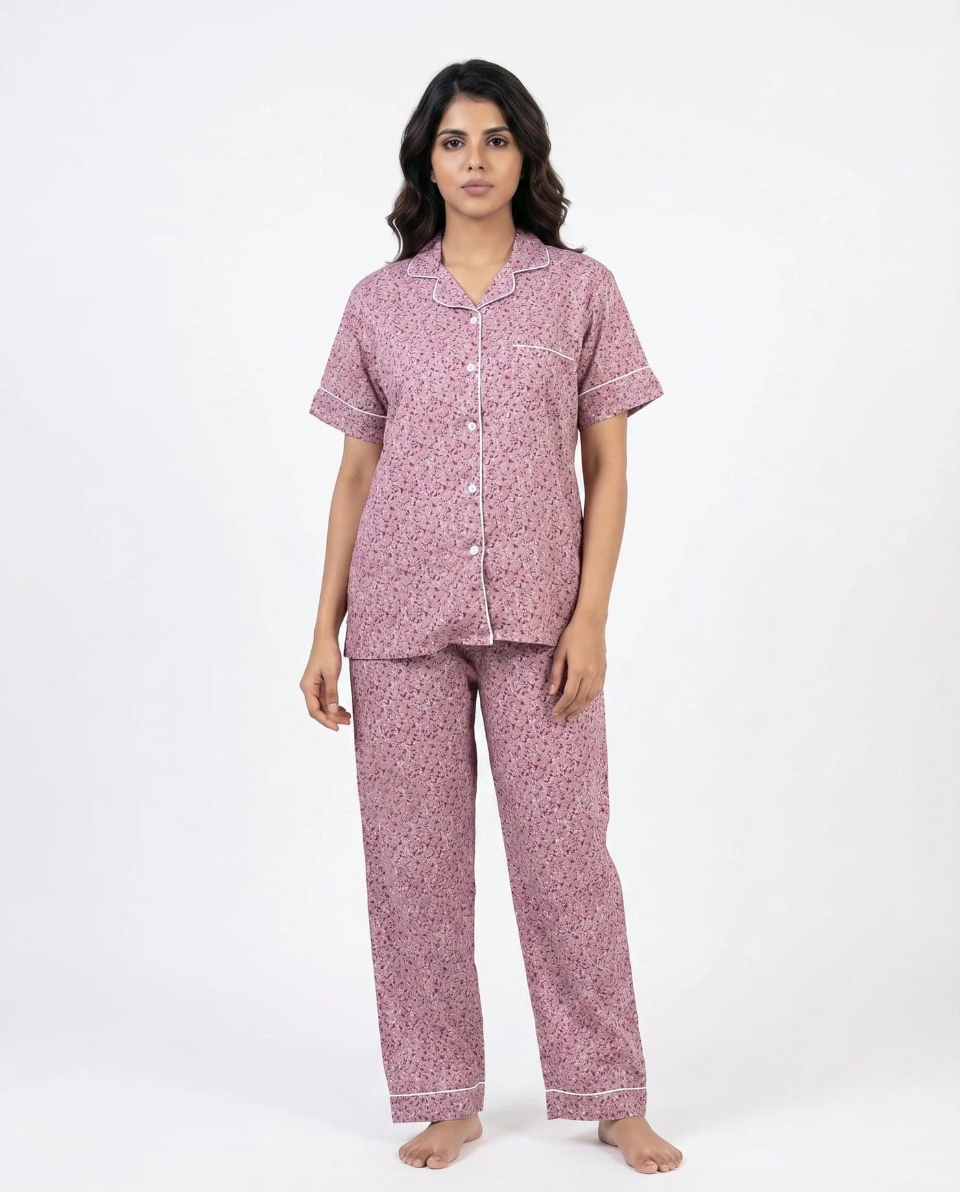 Pink and White Floral Linen PJ Set for Women - view 4