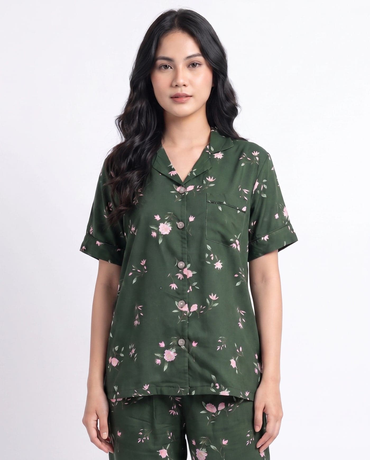Dark Green and Pink Floral Linen PJ Set for Women - view 2