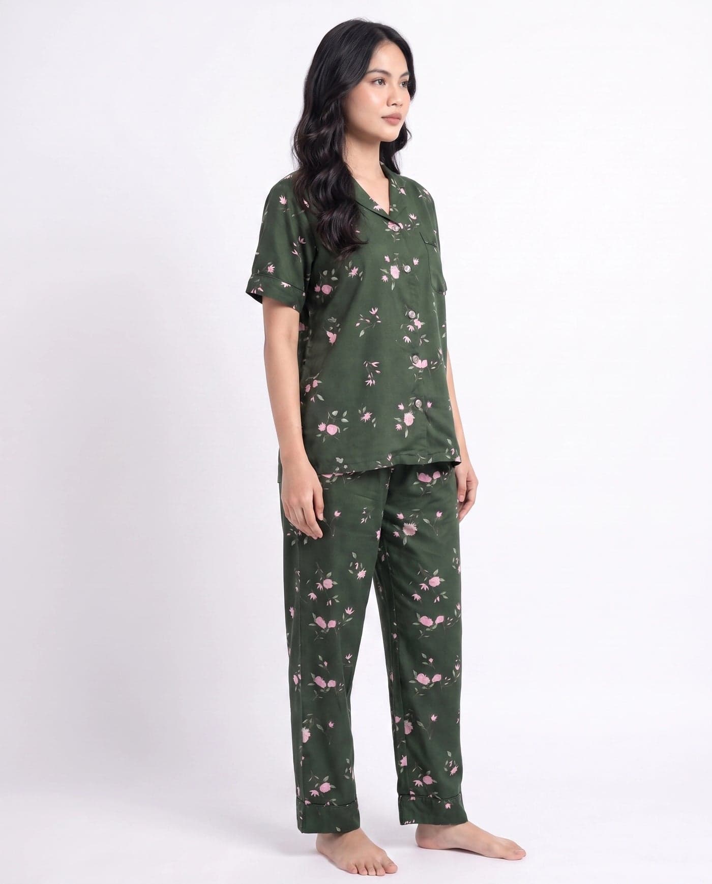 Dark Green and Pink Floral Linen PJ Set for Women - view 3