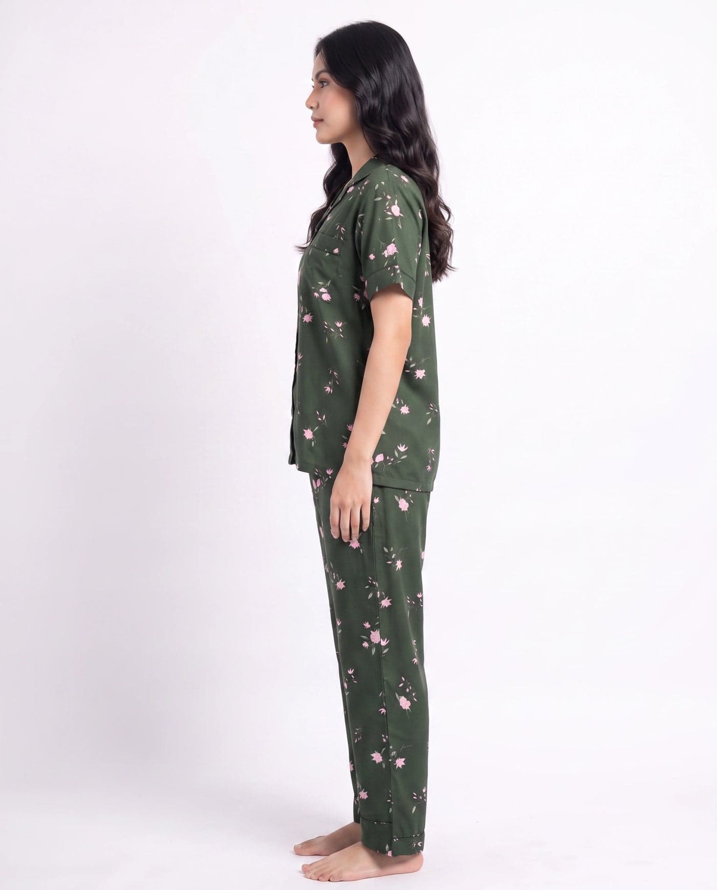 Dark Green and Pink Floral Linen PJ Set for Women - view 4