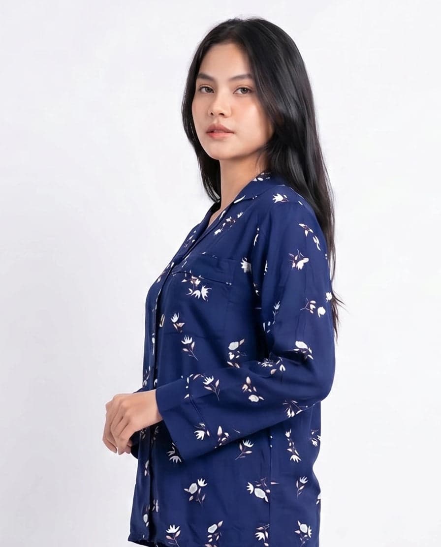 Royal Blue Floral Linen PJ Set for Women - view 2