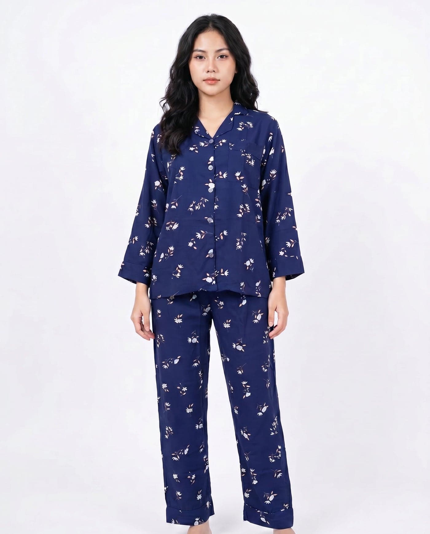 Royal Blue Floral Linen PJ Set for Women - view 4