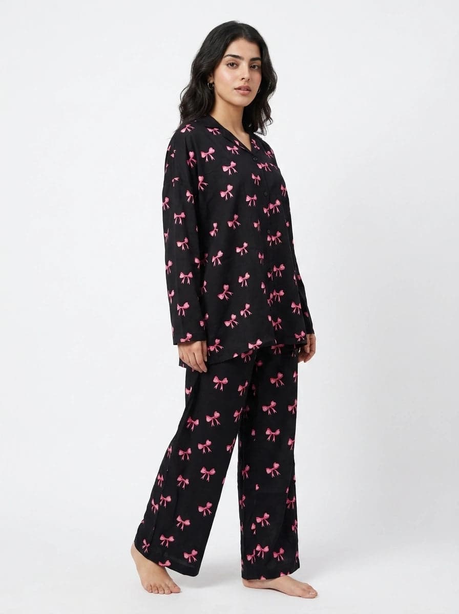 Black and Pink Bow Print Full Sleeve Linen PJ Set for Women - view 2