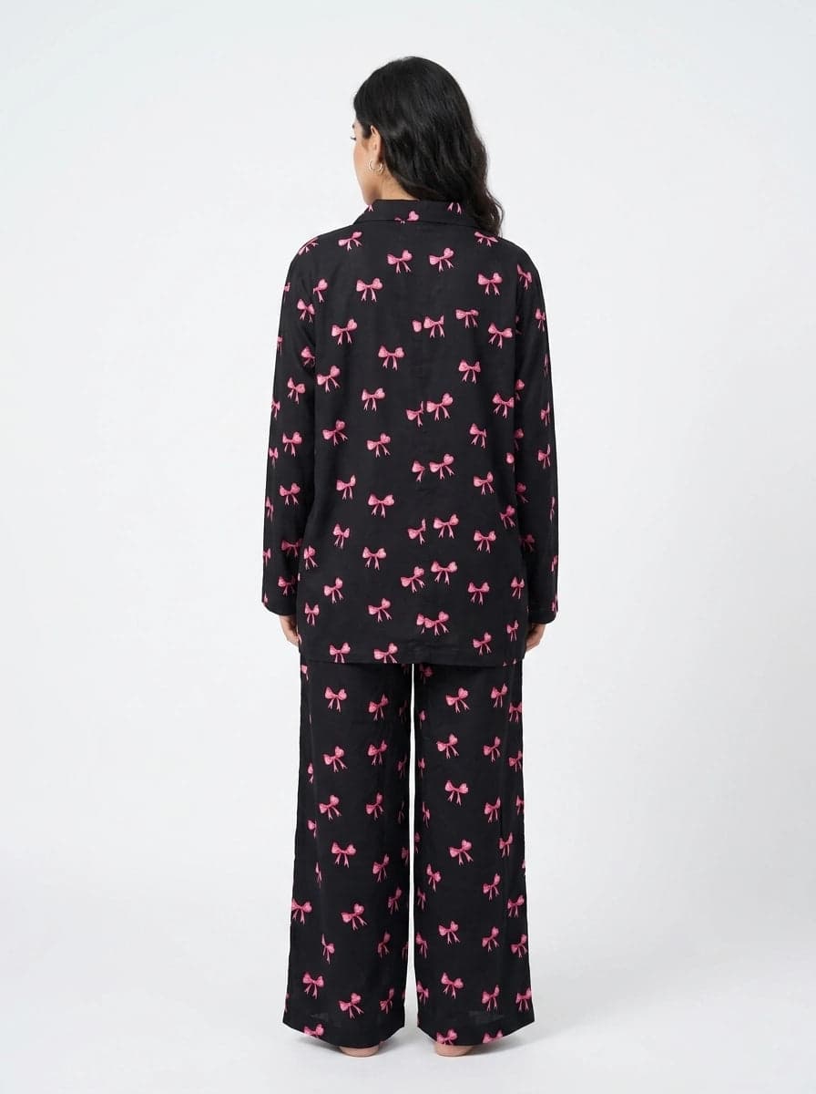 Black and Pink Bow Print Full Sleeve Linen PJ Set for Women - view 3