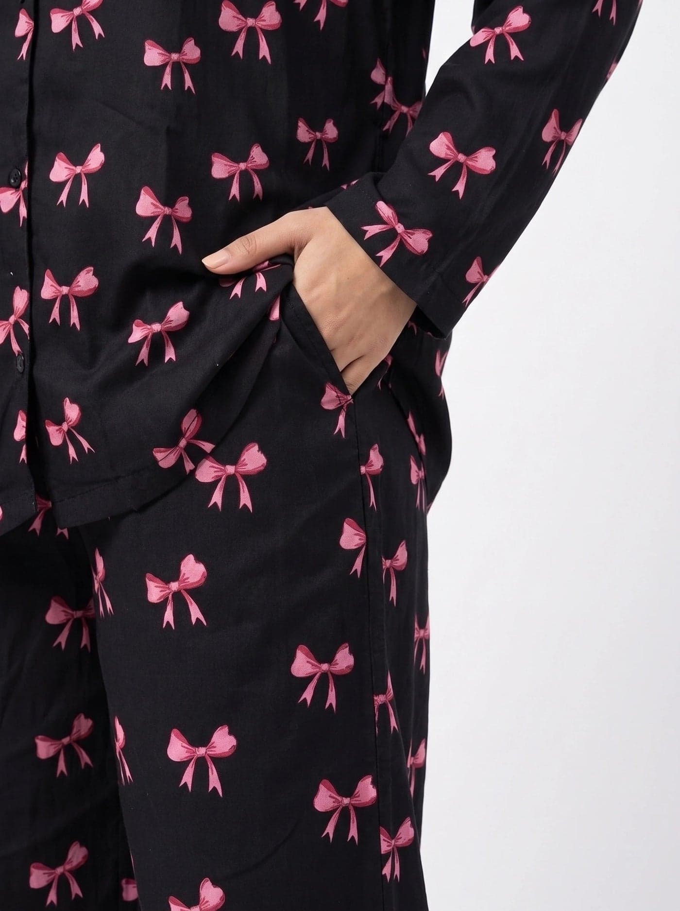 Black and Pink Bow Print Full Sleeve Linen PJ Set for Women - view 4