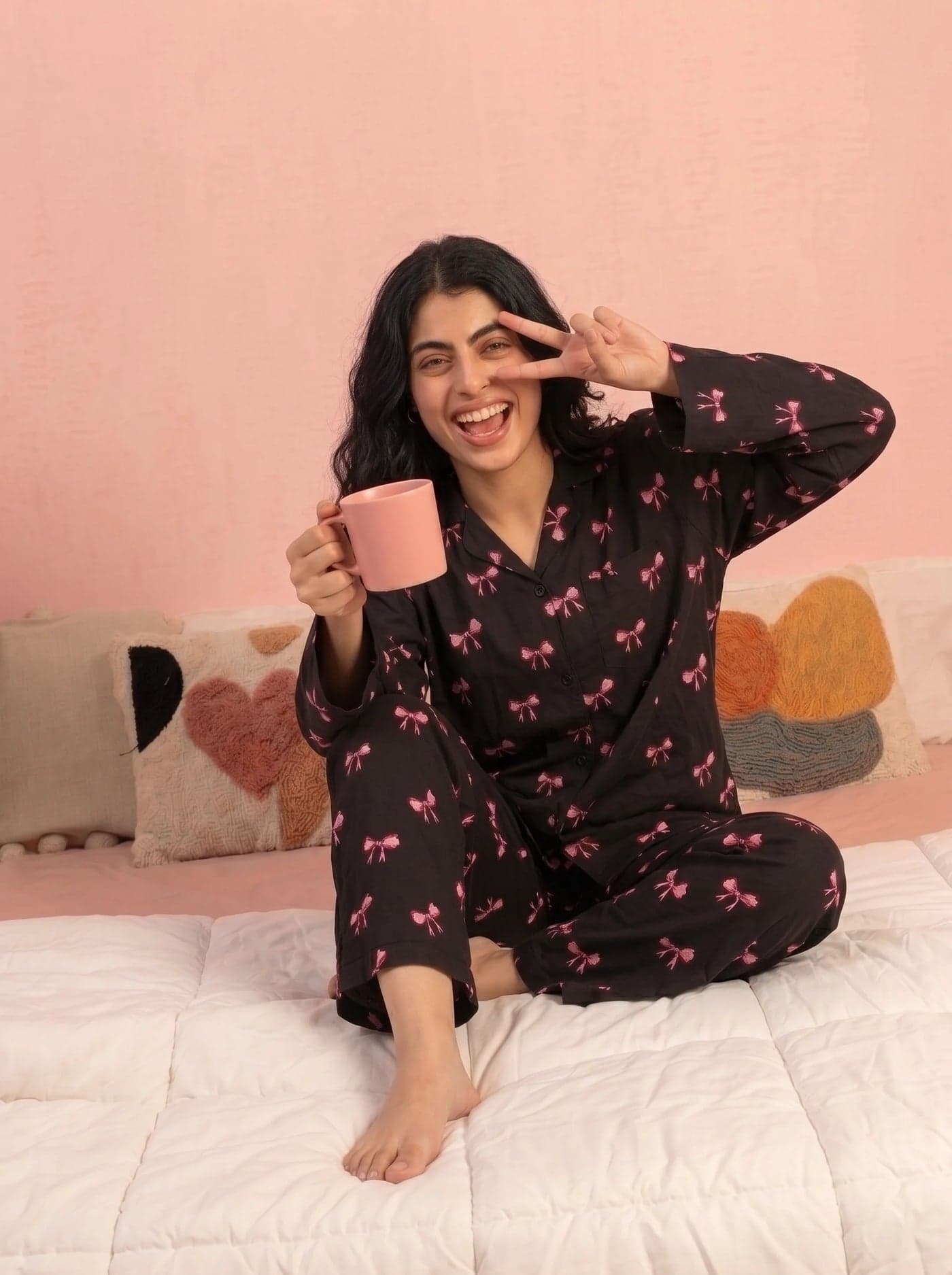 Black and Pink Bow Print Full Sleeve Linen PJ Set for Women - view 6
