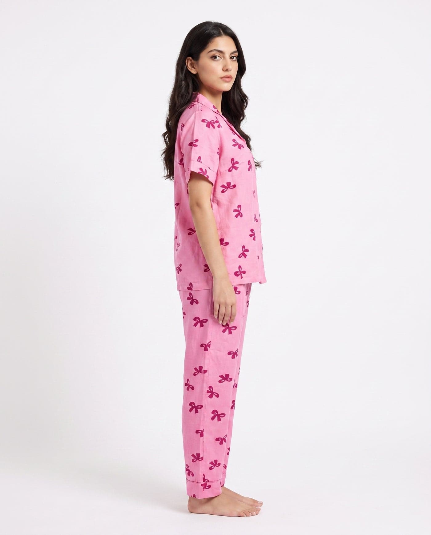 Pink Bow Print Linen PJ Set for Women - view 2