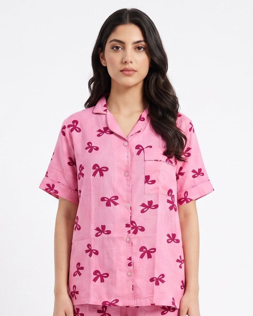 Pink Bow Print Linen PJ Set for Women - view 3