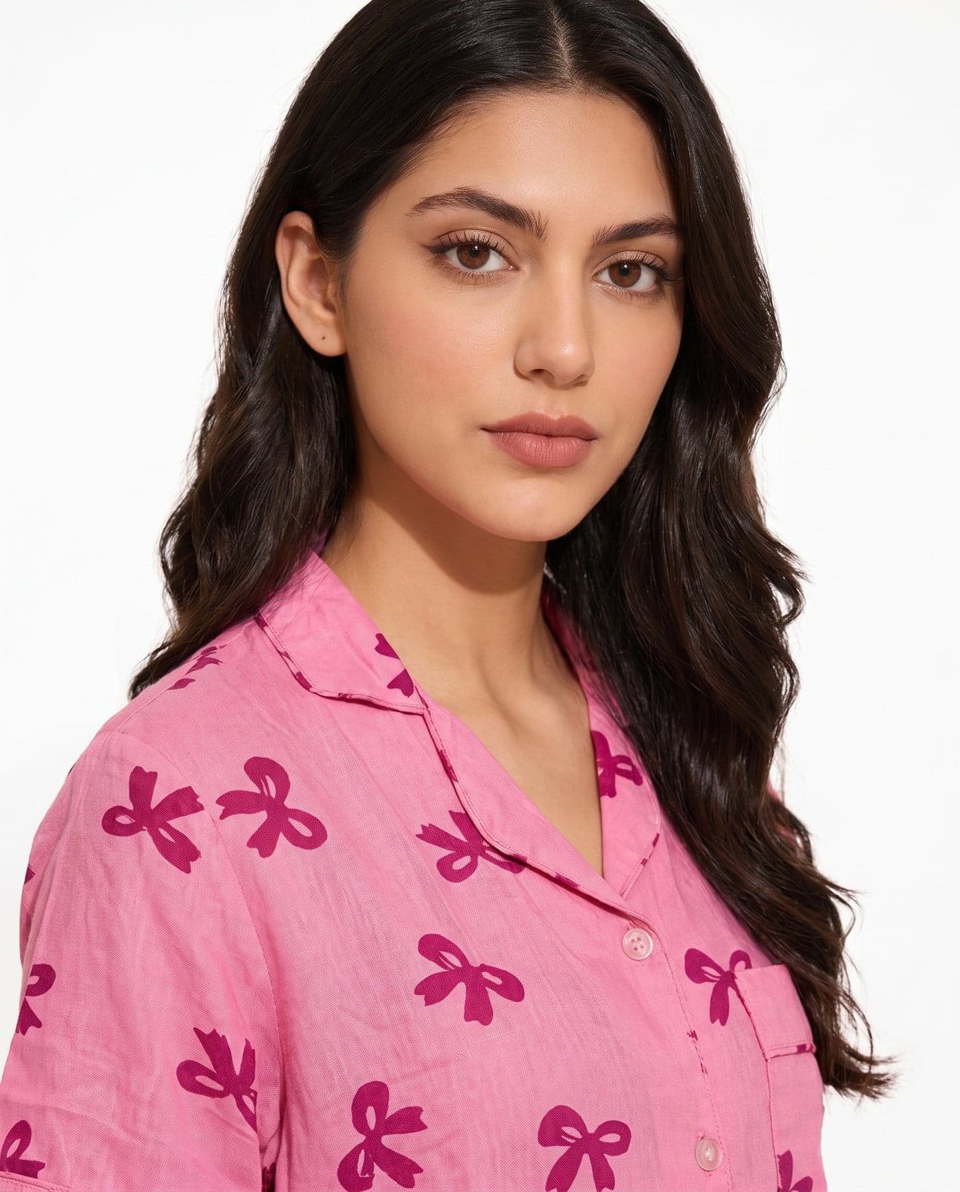 Pink Bow Print Linen PJ Set for Women - view 4