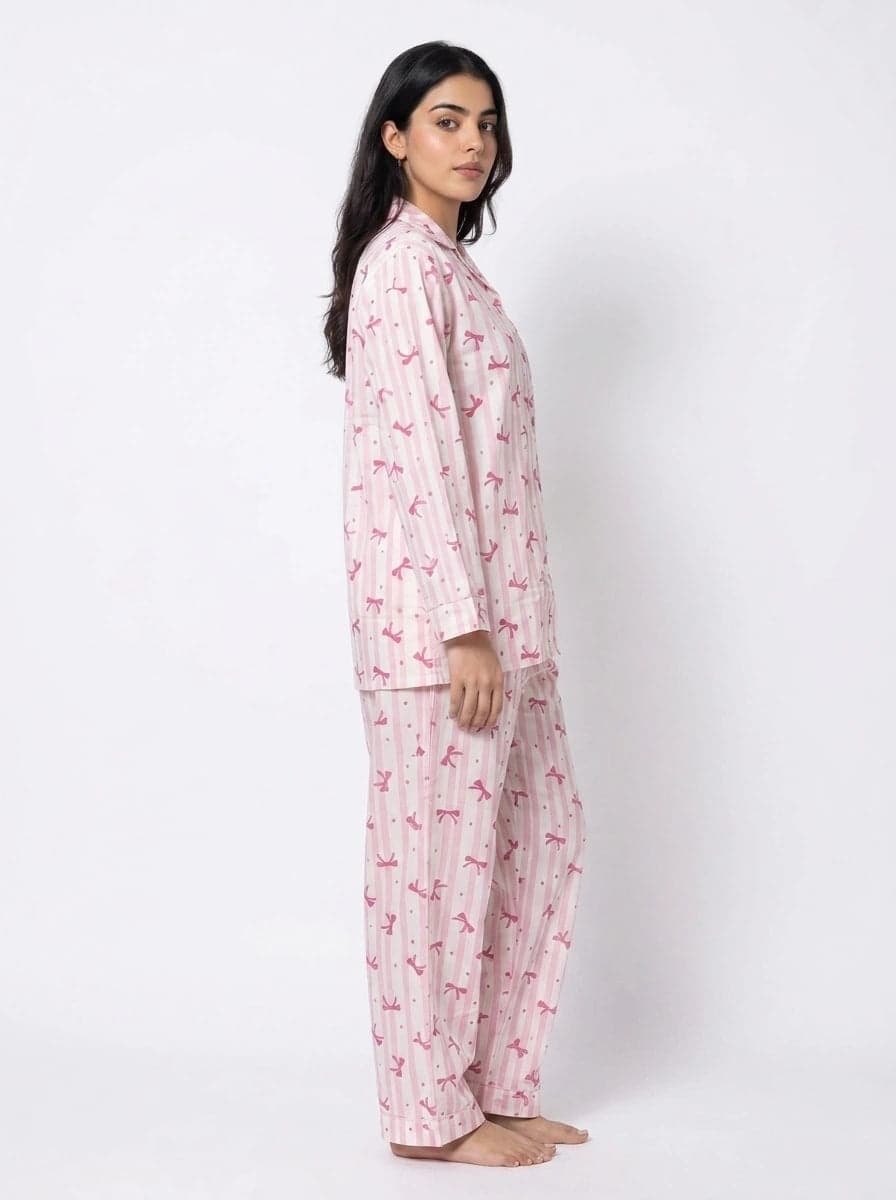 Pink and Dark Pink Bow Striped Linen PJ Set for Women - view 2