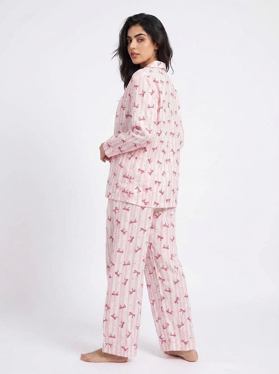 Pink and Dark Pink Bow Striped Linen PJ Set for Women - view 3