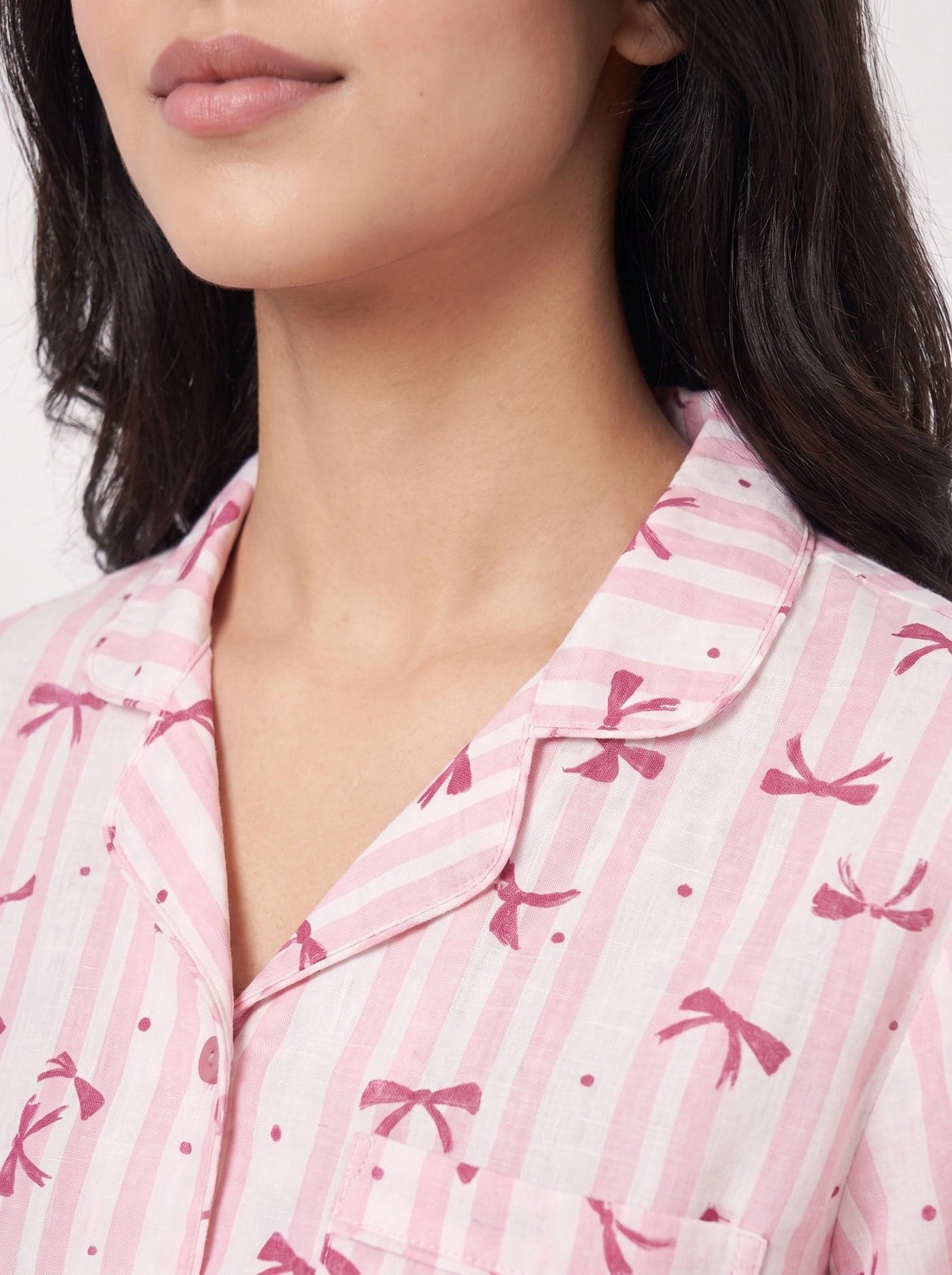 Pink and Dark Pink Bow Striped Linen PJ Set for Women - view 4