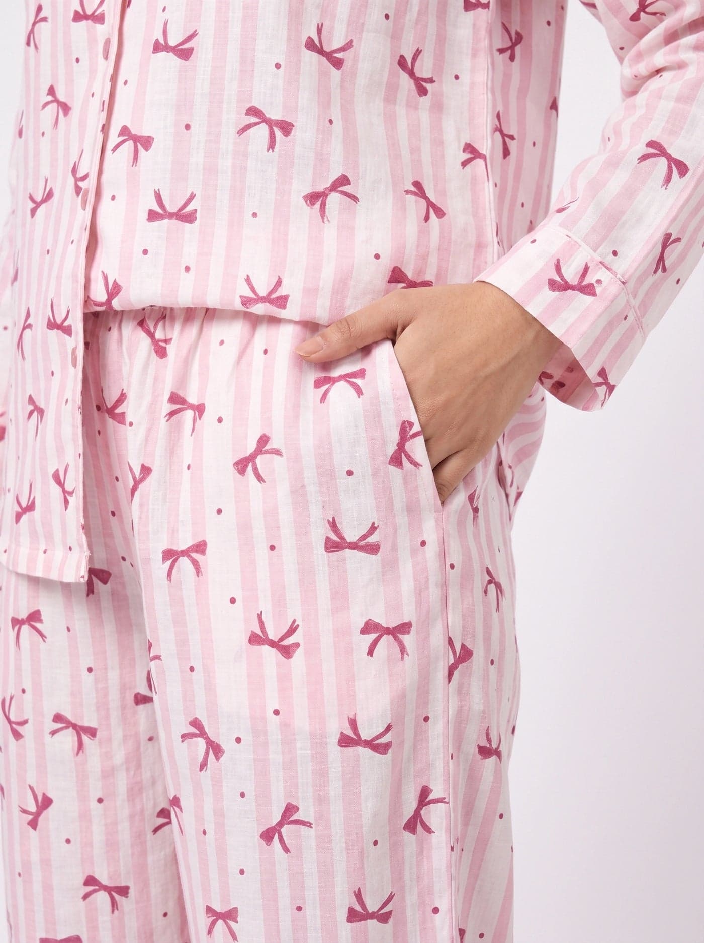 Pink and Dark Pink Bow Striped Linen PJ Set for Women - view 5
