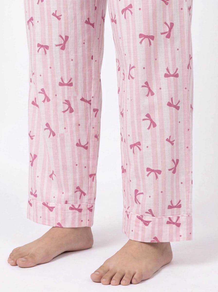 Pink and Dark Pink Bow Striped Linen PJ Set for Women - view 6