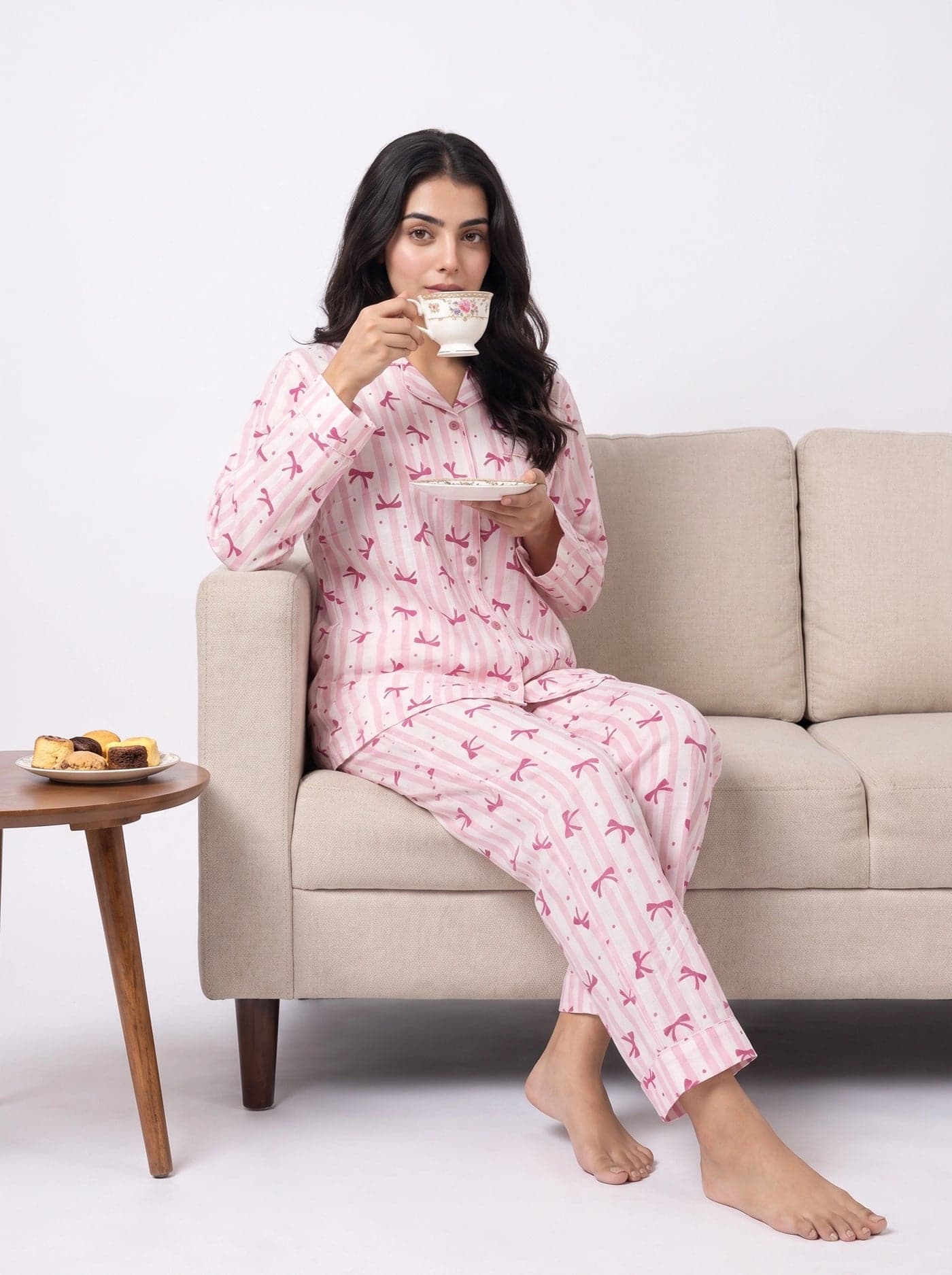Pink and Dark Pink Bow Striped Linen PJ Set for Women - view 8